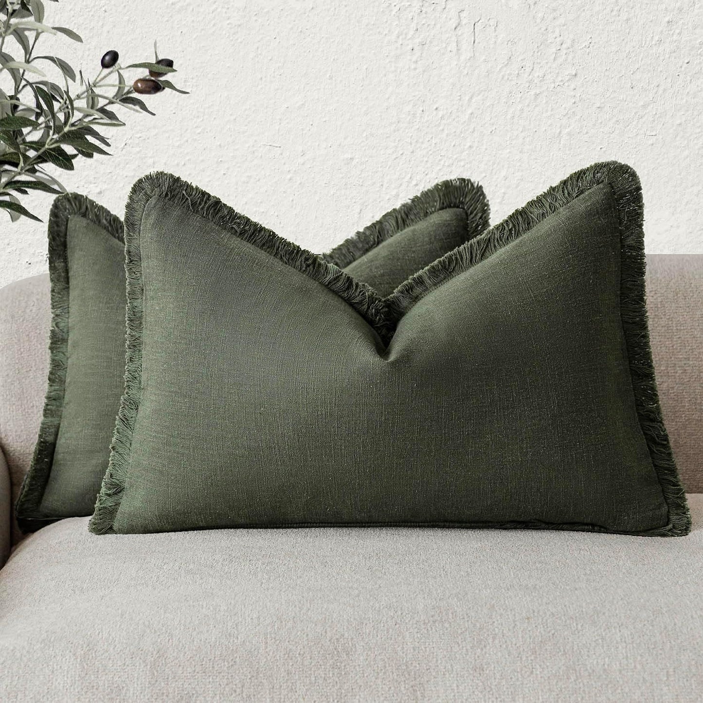 Foindtower Set of 2 Decorative Linen Fringe Lumbar Throw Pillow Covers Boho Farmhouse Cushion Cover with Tassels Accent Pillowcase for Couch Sofa Bed Living Room Home Decor,12×20 Inch,Dark Olive Green