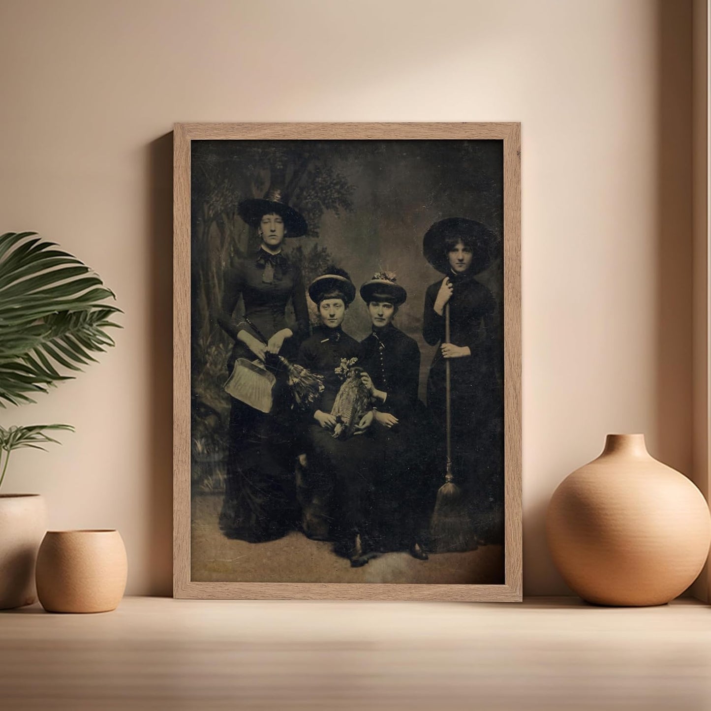 Poster Master Vintage Photograph Poster - Retro Halloween Print - Gift for Artist, Friend - Four Witches Wearing Robes, Sabbath, Coven, Sorcery - Wall Decor for Home, Office, 16x20 Beige Framed
