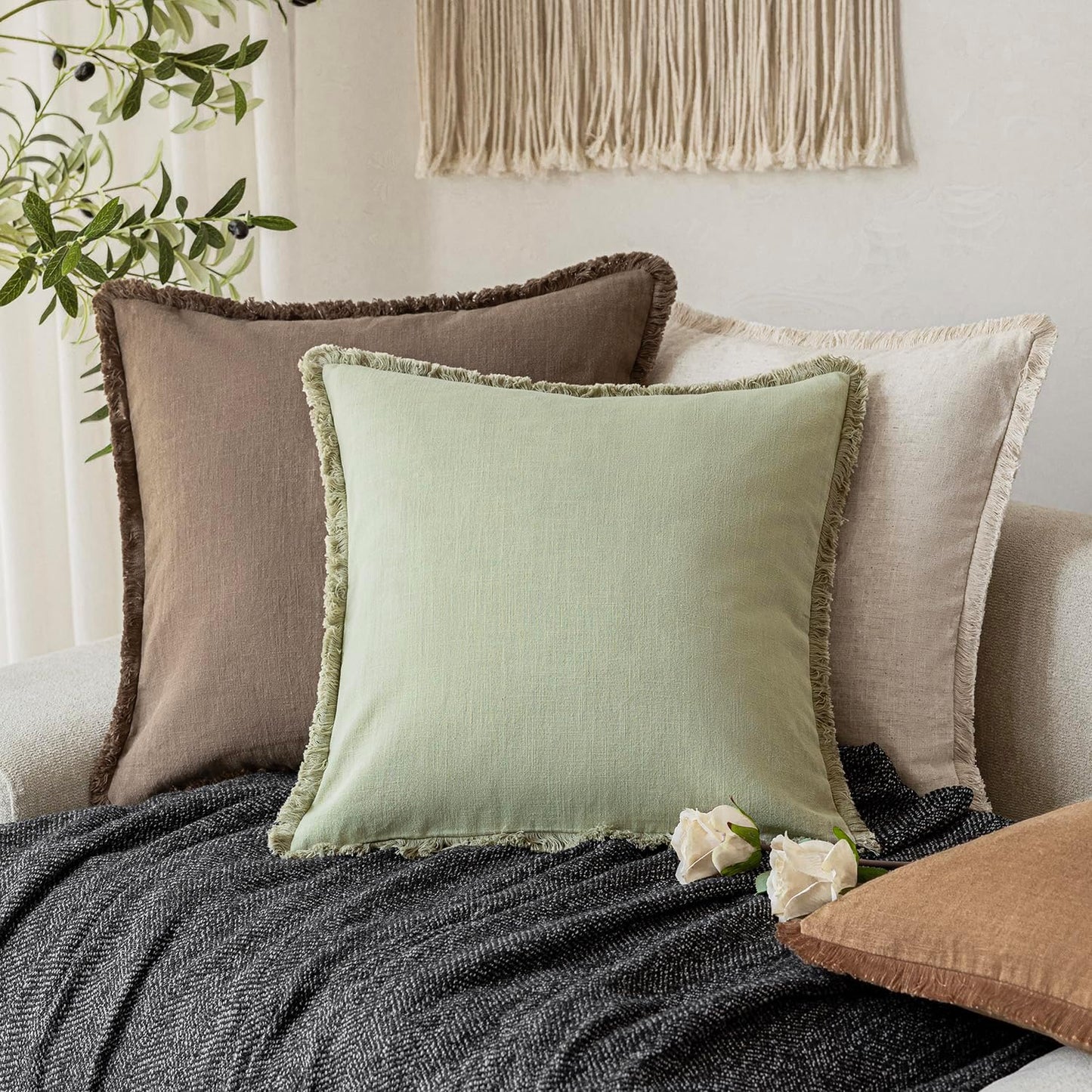 Foindtower Set of 2 Decorative Linen Fringe Throw Pillow Covers Boho Farmhouse Cushion Cover with Tassels Soft Accent Pillowcase for Couch Sofa Bed Living Room Home Decor,18×18 Inch,Light Sage Green