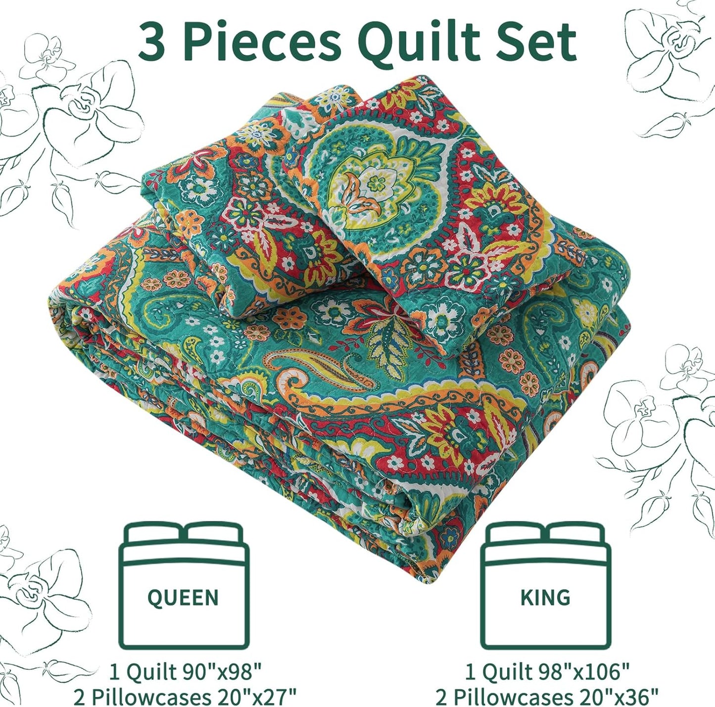 VAPUTAR Cotton King Quilt Bedding Set - 3Pieces Quilt King Size with Floral Pattern, Soft Lightweight Quilted King Size Bedspread (98*106 inch), Reversible Bedspread Coverlet Suitable for All Season