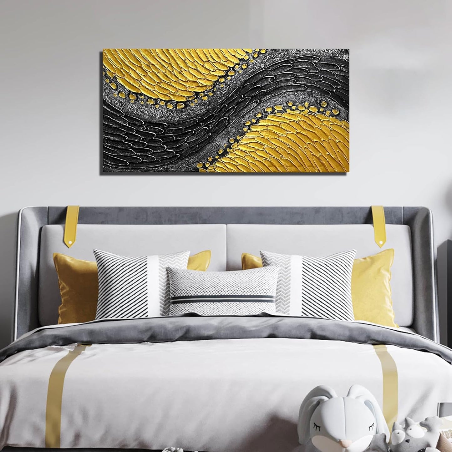 Abstract Hand Painted Wall Art for Office Black and Gold Canvas Wall Art for Bedroom Modern Wall Decor for Living Room Size 24 x 47 Inch