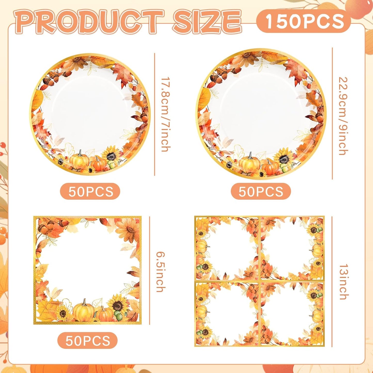 150Pcs Fall Paper Plates and Napkins Party Supplies Autumn Thanksgiving Disposable Plates Napkin Watercolor Maple Leaves Tableware Set for Fall Decor Thanksgiving Party Supplies,Serve 50 Guests