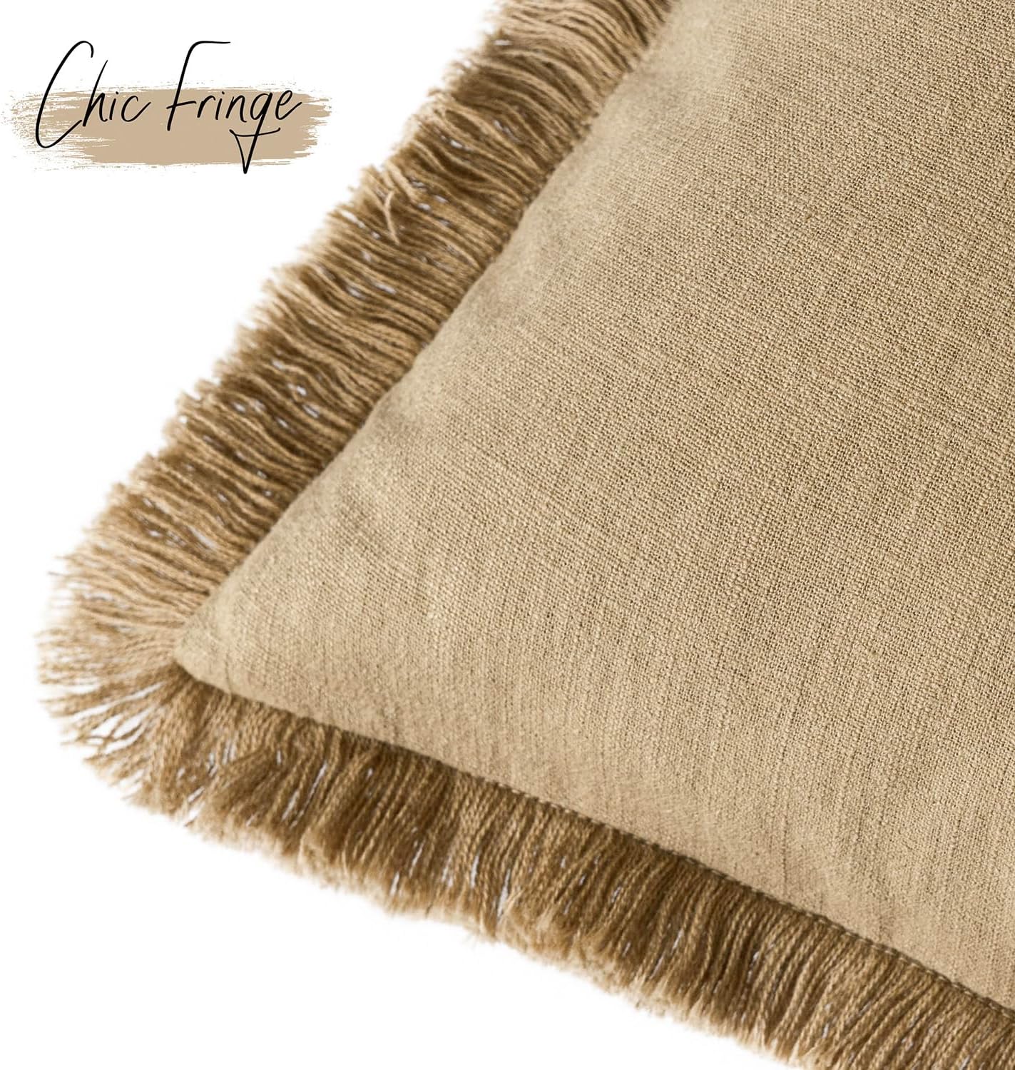 Foindtower Set of 2 Decorative Linen Fringe Throw Pillow Covers Boho Farmhouse Cushion Cover with Tassels Soft Accent Pillowcase for Couch Sofa Bed Living Room Home Decor,26×26 Inch,Light Khaki Taupe