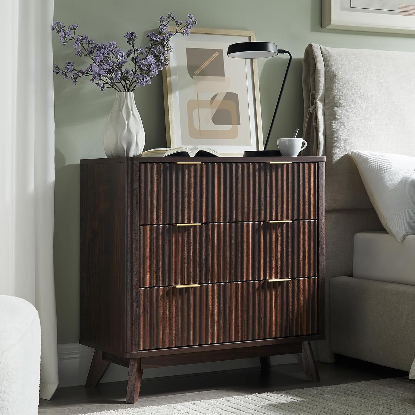 T4TREAM 32" Tall Fluted Nightstand Set of 2, Modern Side Table, 3 Drawers End Table w/Storage, Bedside Table for Bedroom, Living Room, Curved Profile Design, Dark Walnut