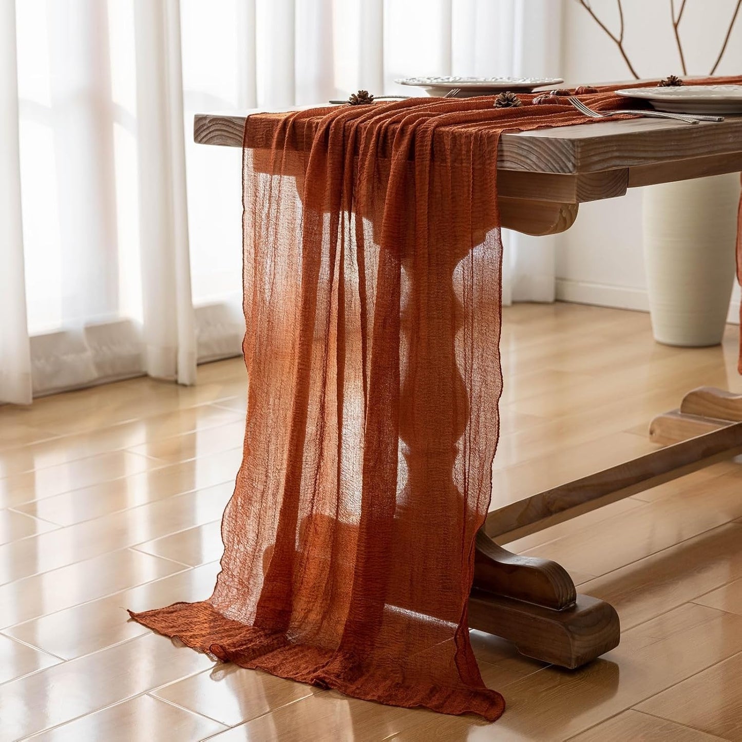 6pcs Fall Terracotta Table Runner Rust Gauze Rustic Cheesecloth 120 Inch 10 FT for Wedding Baby Shower Bridal Shower Birthday Engagement Garden Party Sheer Boho Thanksgiving Decorations