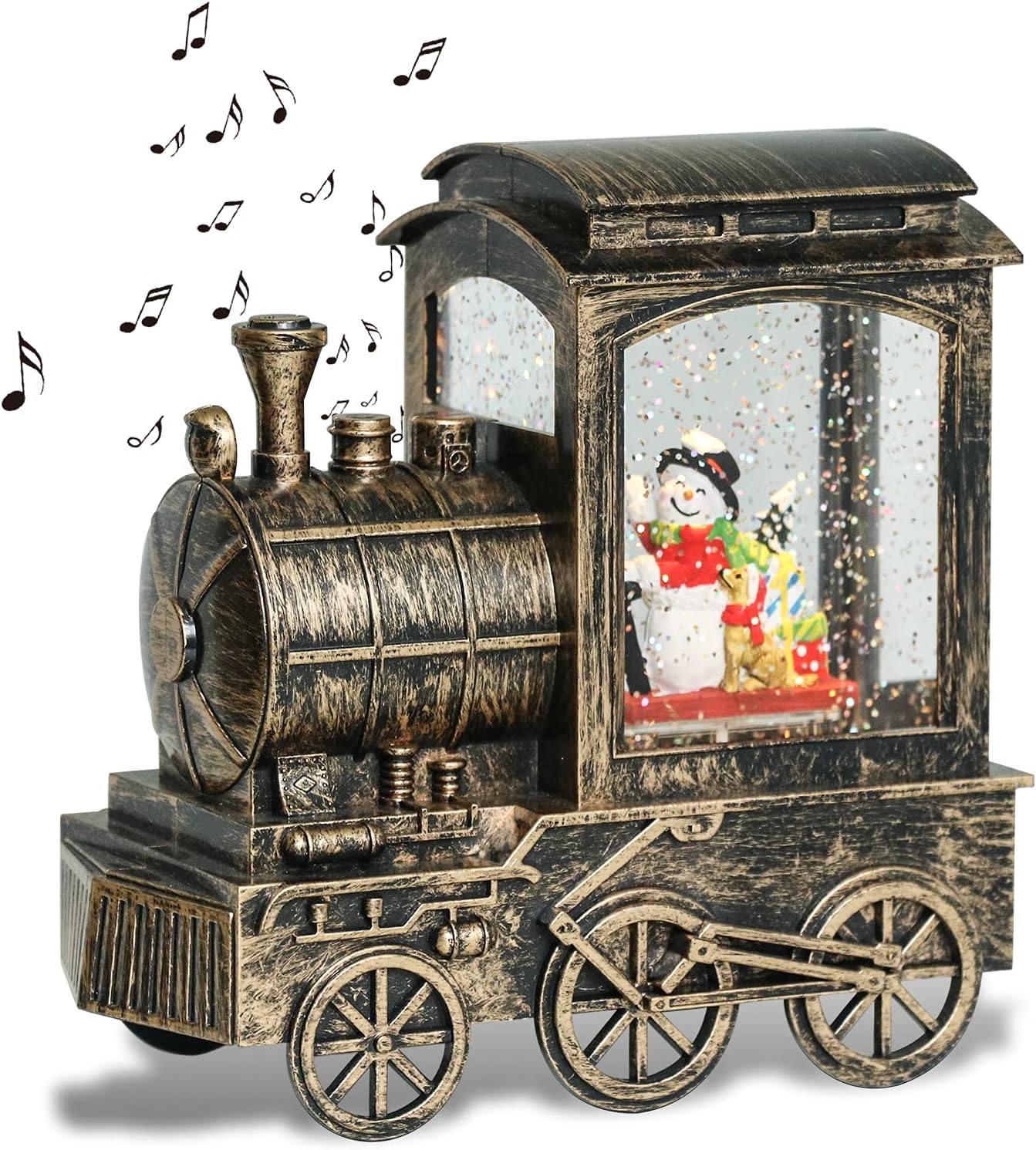 GenSwin Christmas Snow Globe Lantern Train Water Swirling Glitter with 6H Timer, Musical LED Lighted Battery Operated Snowman Scene for Christmas Home Decoration and Gift(Copper)