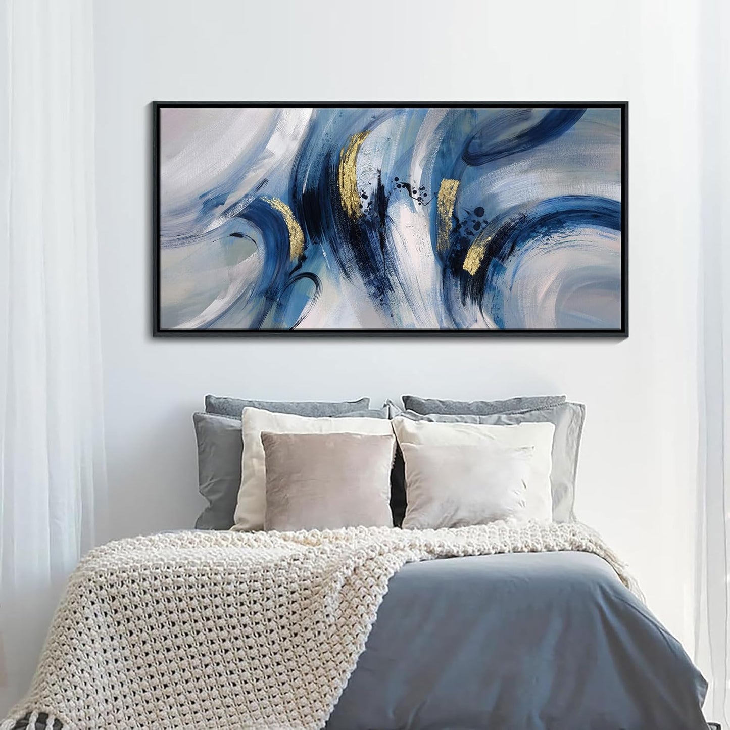 Abstract Line Art Framed Canvas - Modern Blue and Grey, Large 24x48 Inches, Minimalist Bedroom & Living Room Art, Ready to Hang