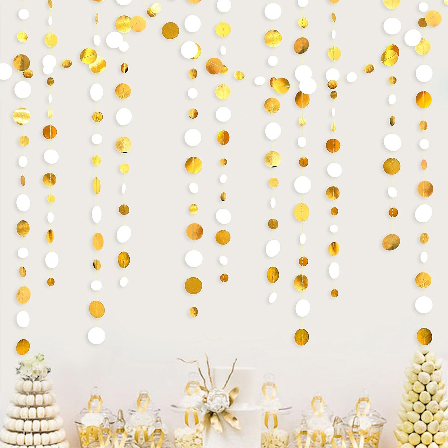 46 Feet White and Gold Circle Dots Garland Hanging Paper Polka Dots Streamer for Birthday Bachelorette Engagement Anniversary Wedding Baby Bridal Shower Christmas Holiday Party Decorations Supplies