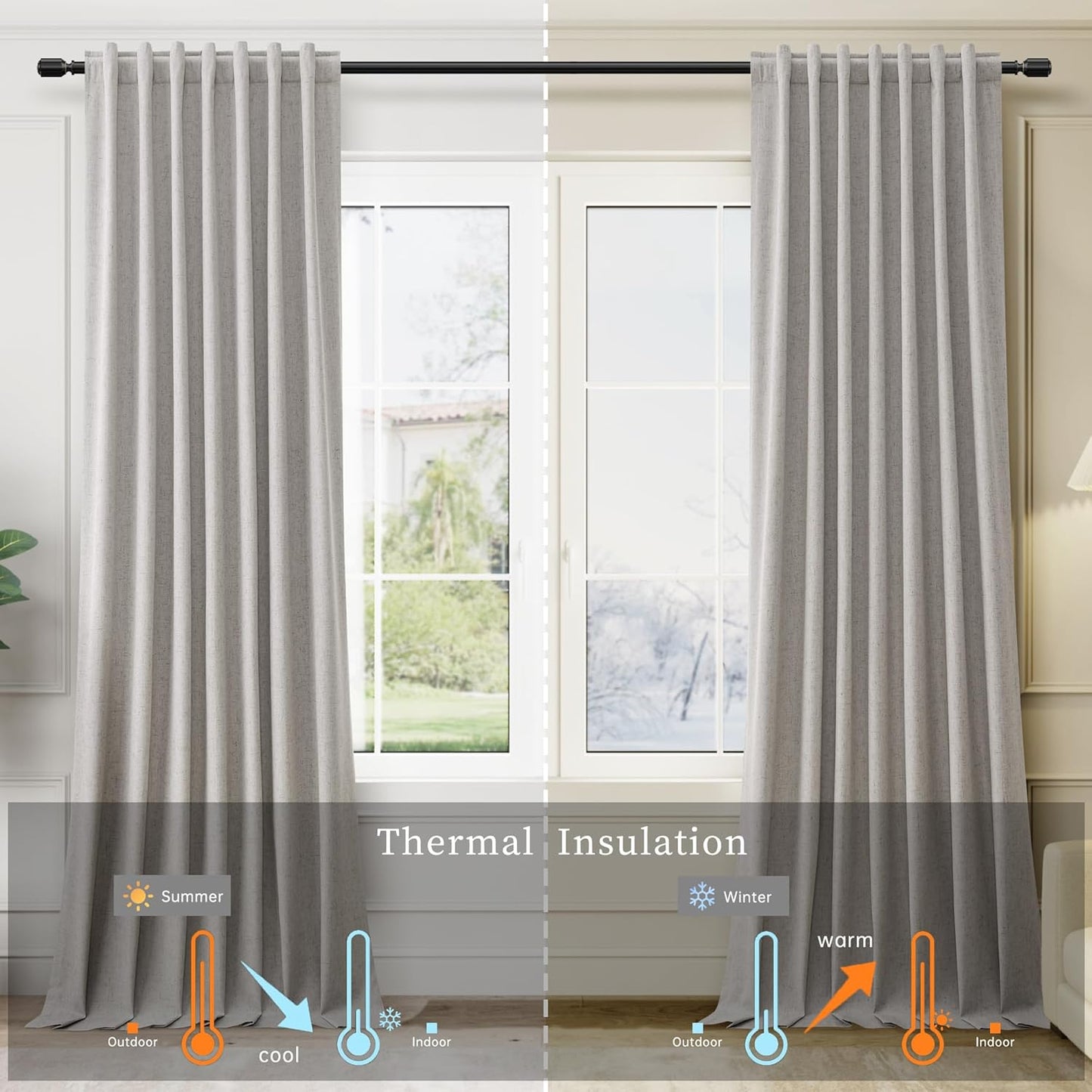 BOODII Room Darkening Curtains 120 Inch Back Tab Thermal Insulated Black Out Linen Drapes Extra Long Blackout Curtains for Patio Door Large Window Ceiling to Floor Light Blocking Silver Gray 52x120