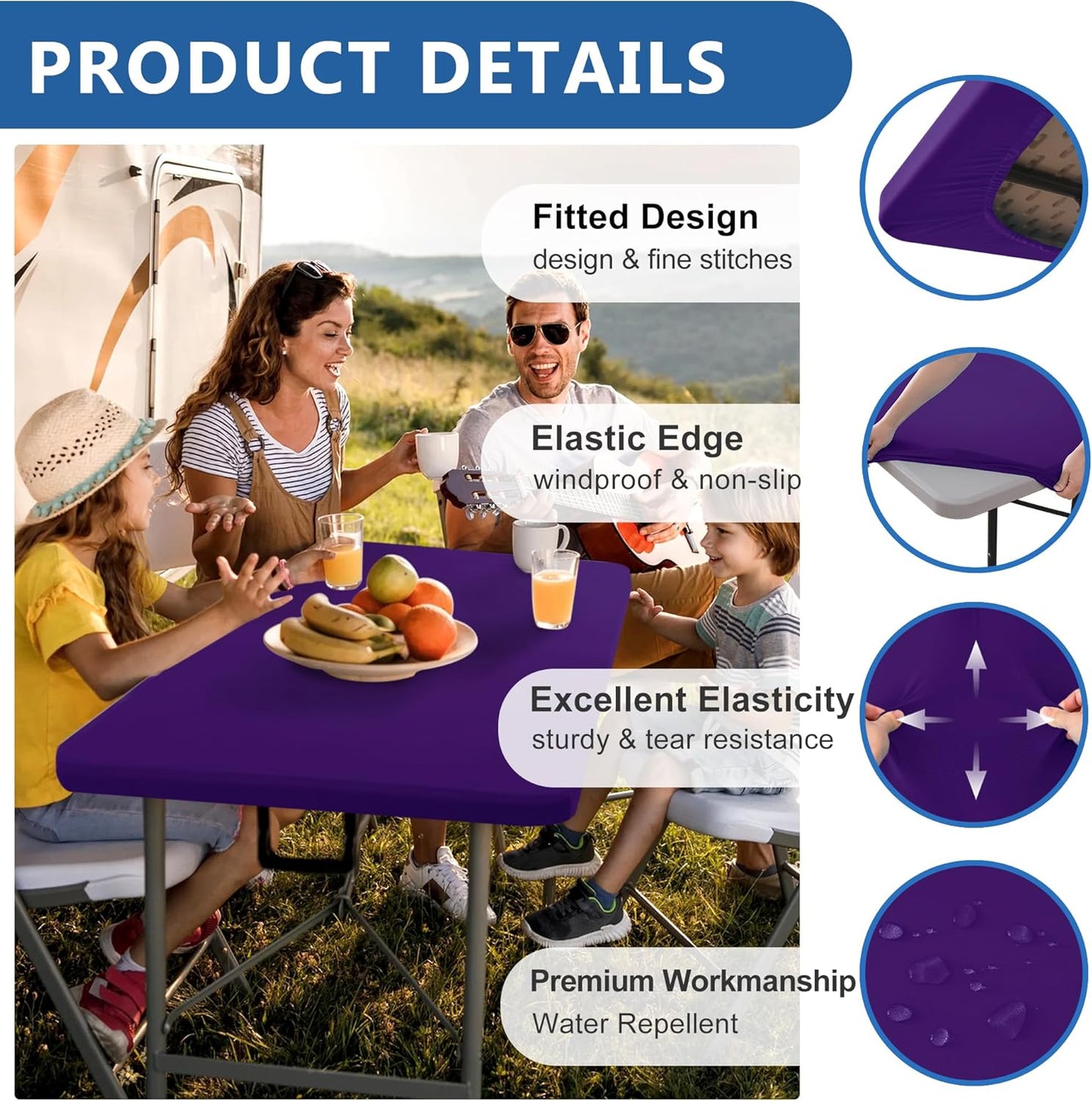 Fitted Tablecloth for 8 foot Rectangle Table-6 Pack Dark Purple Elastic Outdoor Picnic Table Cover-Spandex Stretch Folding Tablecloths 8ft for Camping Dining Room Patio Kitchen Banquet Party