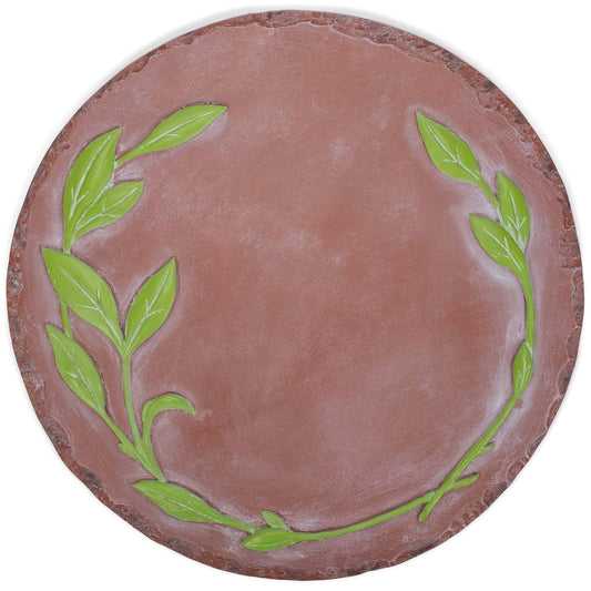 NAT & Jules Floral Laurel Wreath Leaves Pattern Dimensional Indoor Outdoor 12 inch Round Cast Resin Decorative Garden Stepping Stone, Patio, Walkway Sculpture Yard Art, Green