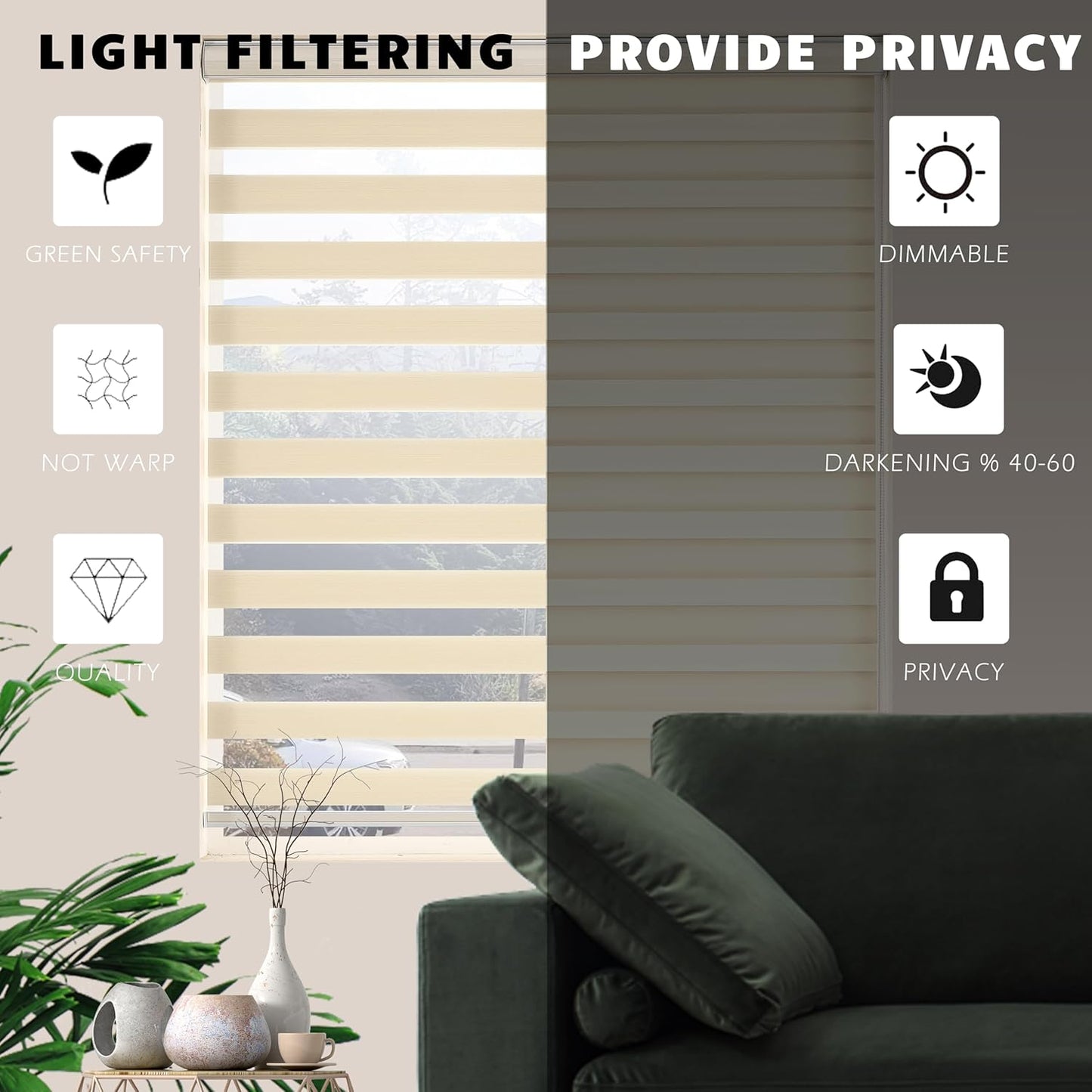 Zebra Blinds Window Blind Zebra Shade Blinds for Windows Roller Sheer Shades Privacy Light Filtering Shades for Home Kitchen Bathroom (Width 51'' X Height 72'' Cream)