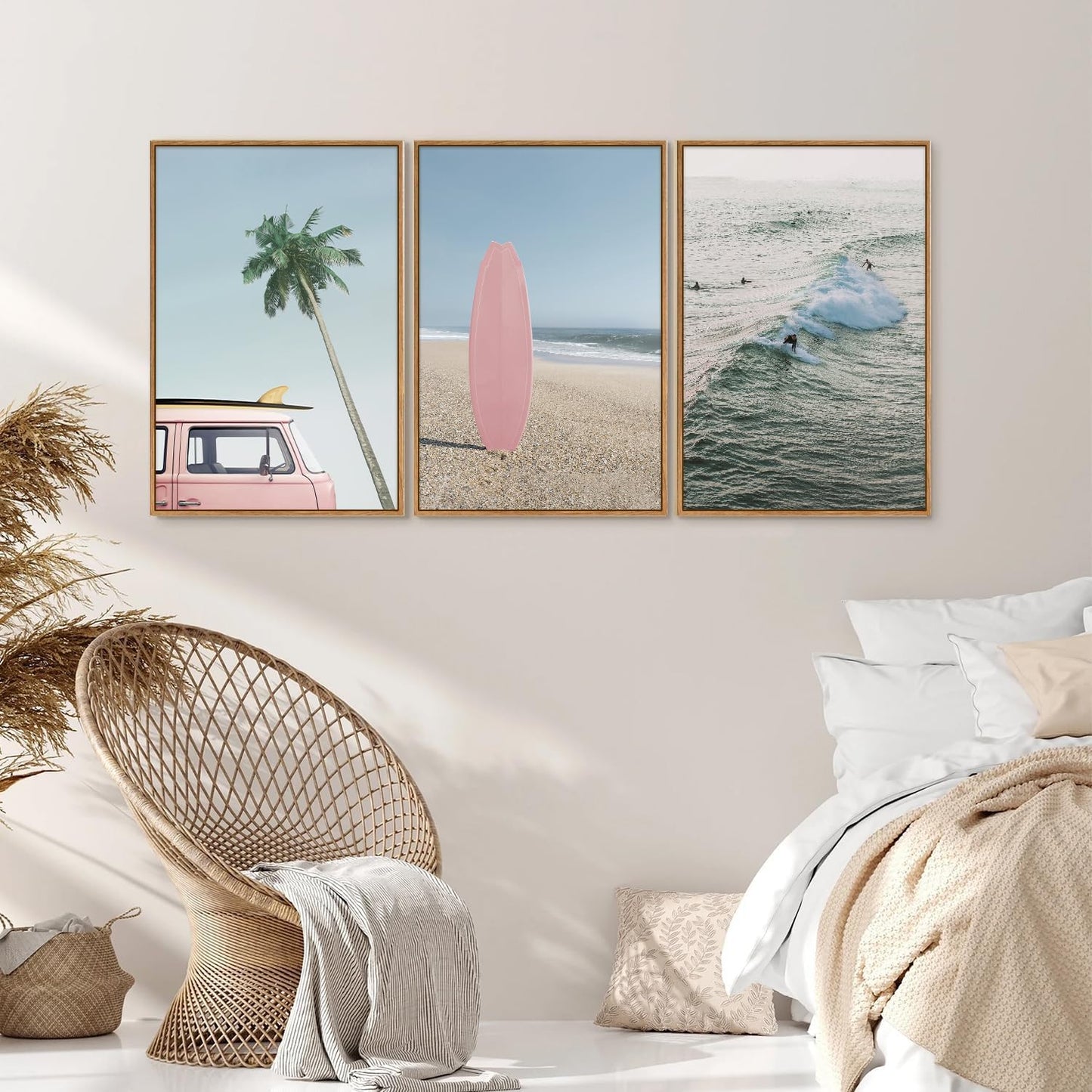 Tinonedraw Large Ocean Beach Framed Canvas Wall Art, Summer Coastal Surfboard Wall Decor, Palm Tree Pink Car Artwork, Modern Surfing Seascape Art Prints for Living Room Bedroom Office 24"x36"x3
