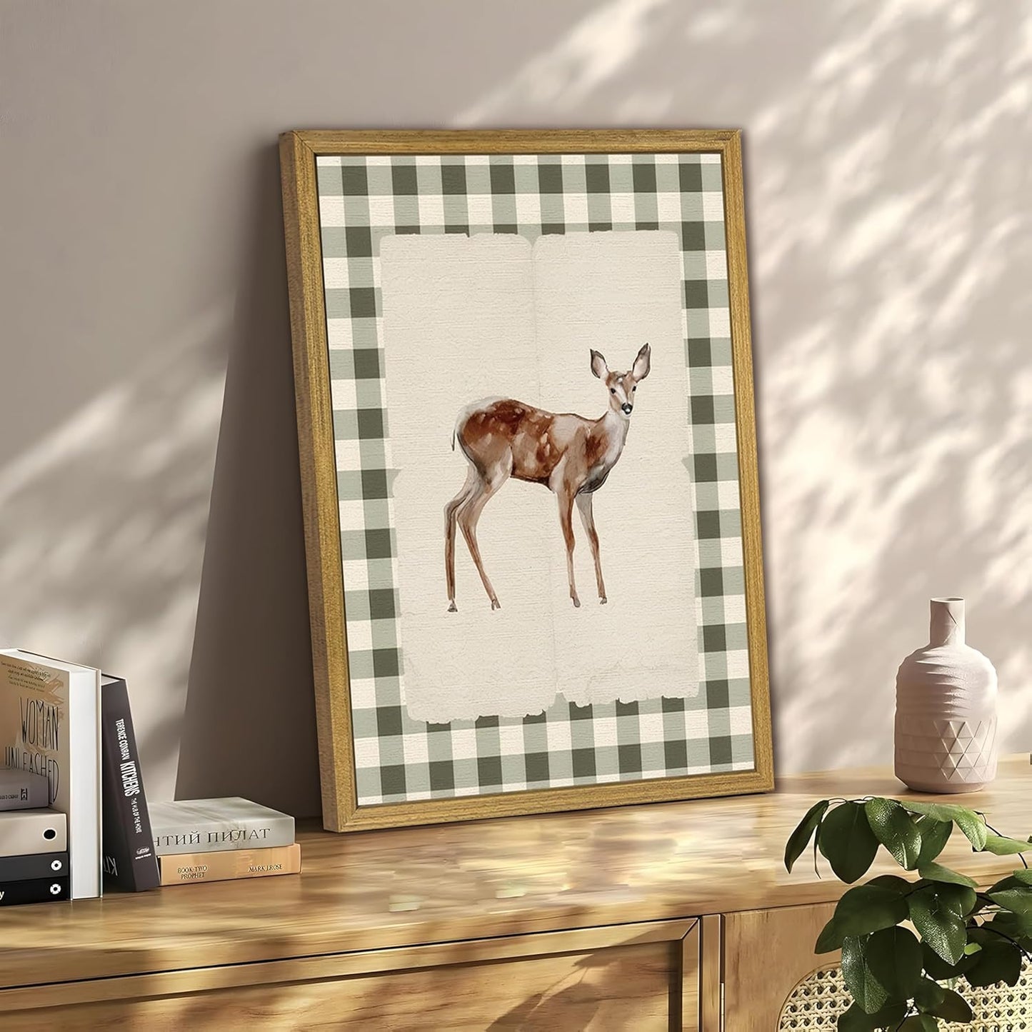 Wood Framed Deer Wall Art Print, Woodland Baby Deer Canvas Poster Wall Decor, Vintage Rustic Green Gingham Farmhouse Animal Picture for Living Room Kitchen Bedroom Nursery Decor, 12x16 inch