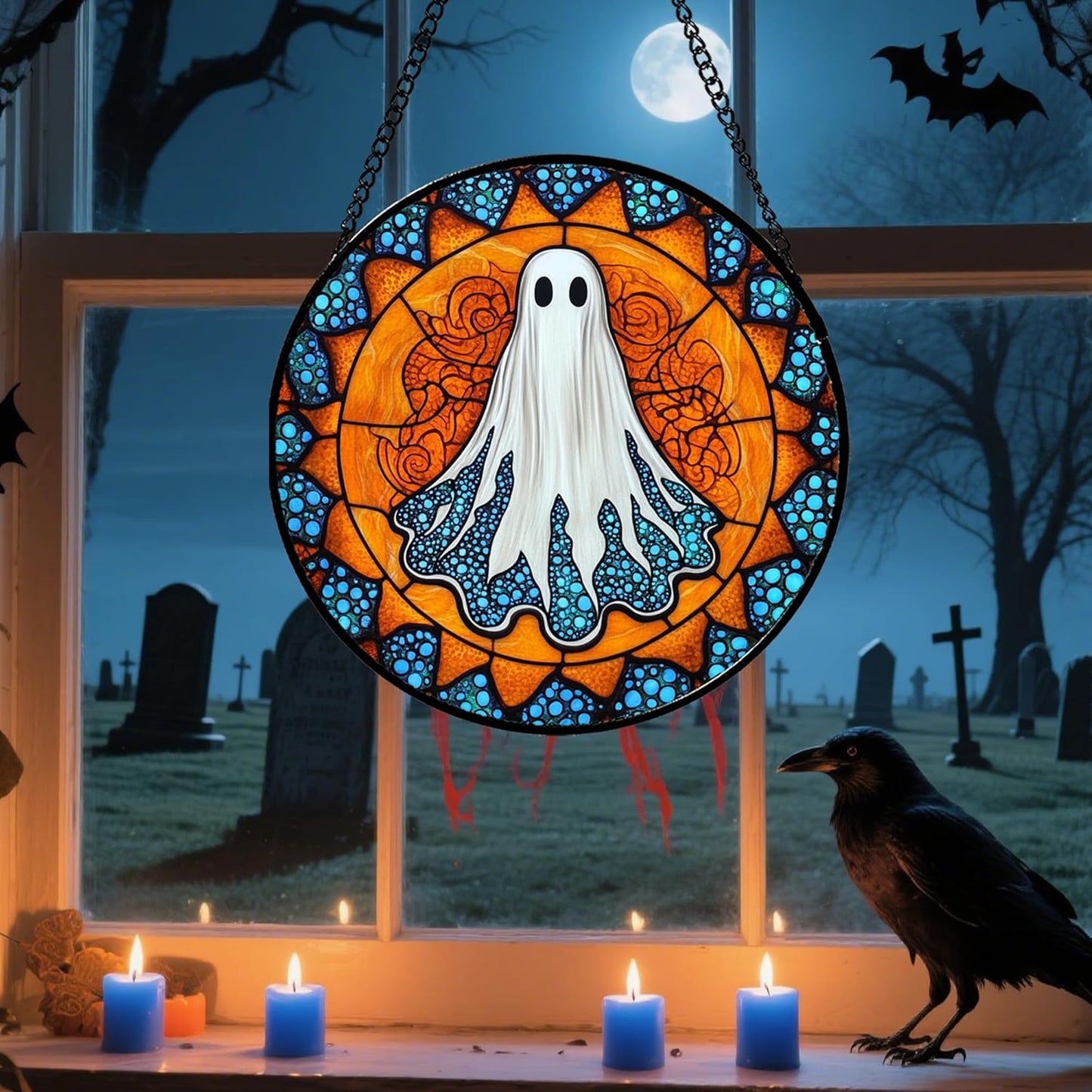 Stained Glass Window Hanging - Halloween Decorations White Ghost Suncatcher for Doors Garden Indoor Spooky Funny Blue Sun Catchers Gothic Decor Horror Gifts for Women Men Friend 15 in