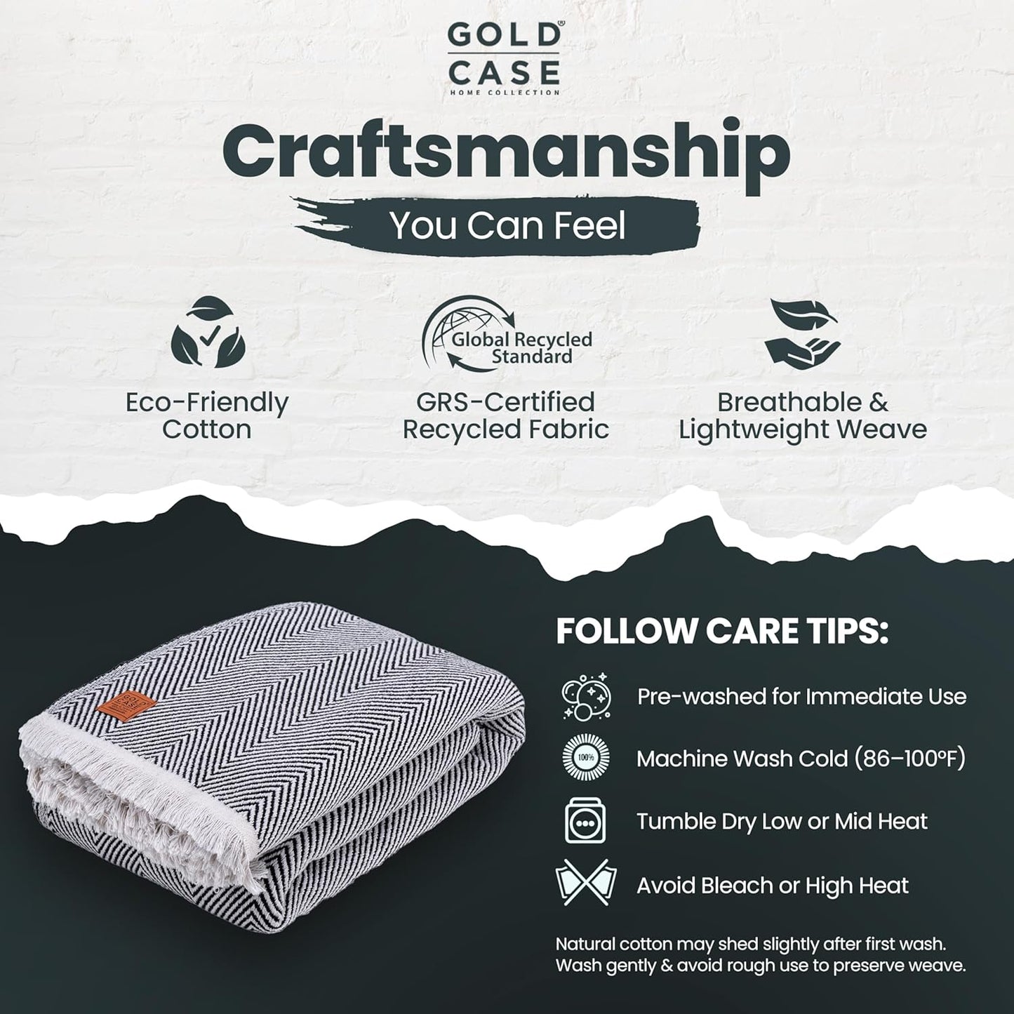 Gold Case Throw Blanket for Bed – 100% Recycled Turkish Cotton Bed Blanket – Decorative Throw Cotton Blankets for Living Room & Bedroom – Woven Twin Blankets - 71x90 - Black