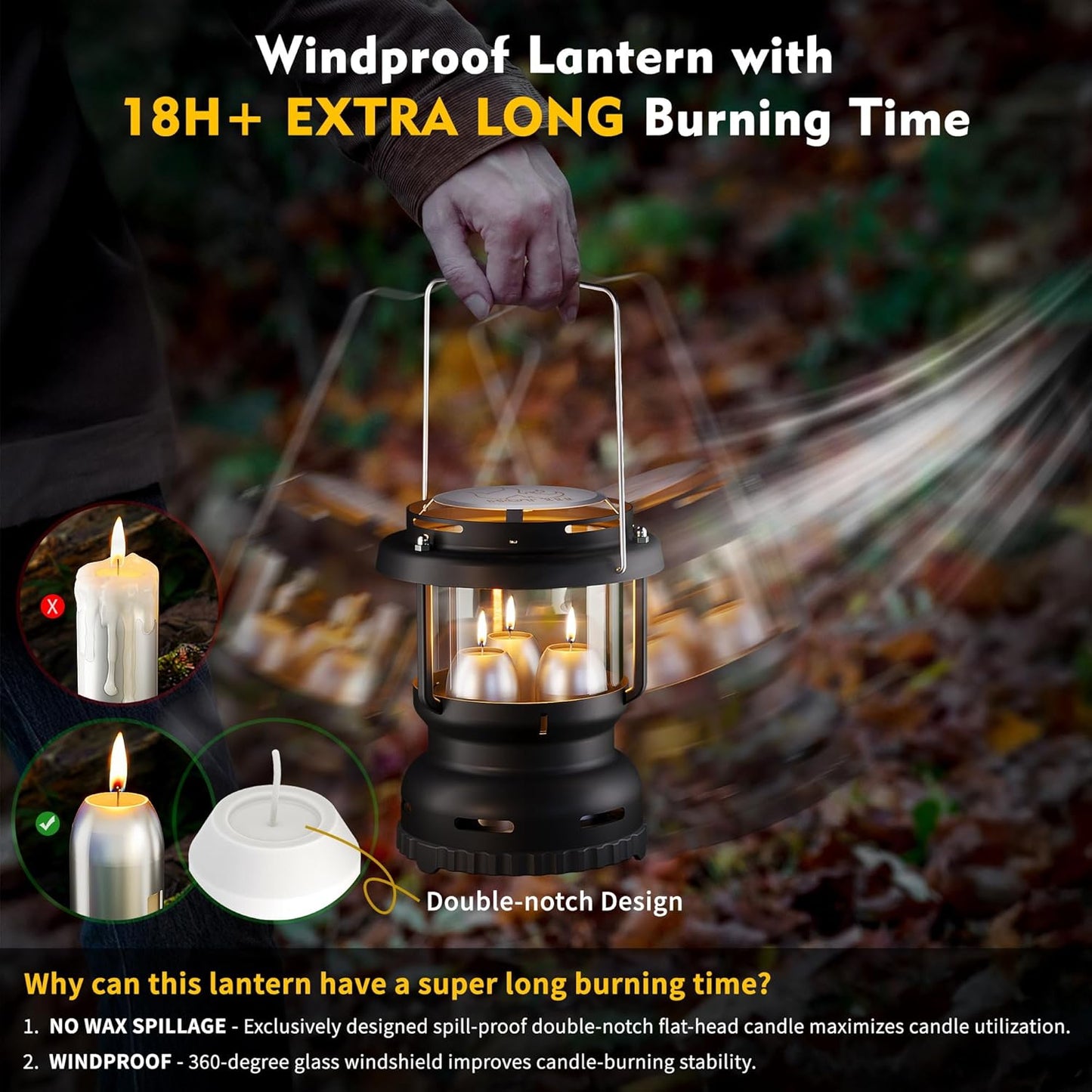 3-Wick Emergency Candle Lantern for Power Outages [18H+ Burning Time] Vintage Decorative Candle Lantern for Real Candles, Outdoor Portable Camping Survival Lighting [7.1"*5.7" - Matte Black]