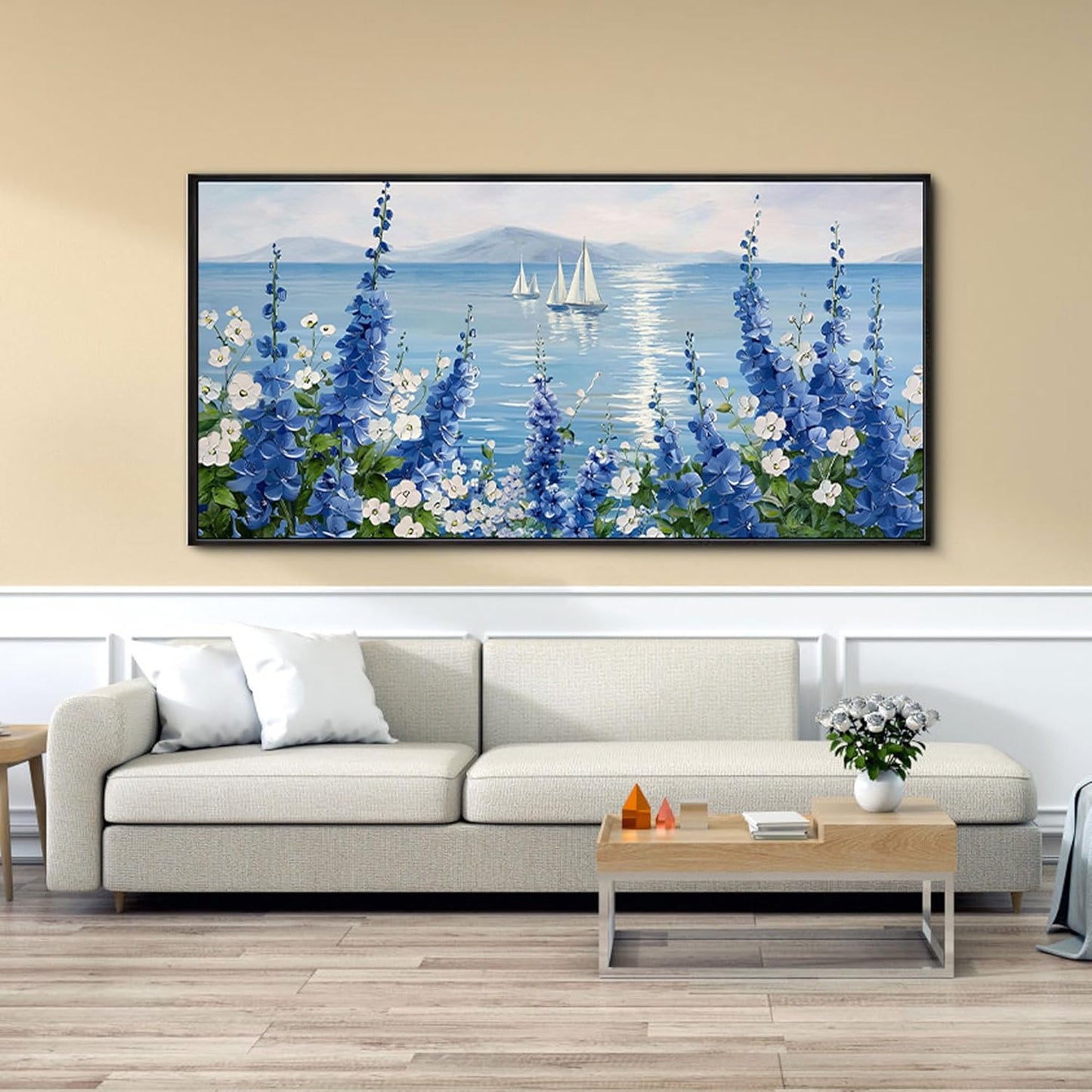 XLSJERST Large Sailboat Wall Art - Blue Canvas Abstract Painting Textured Picture Artwork Vintage Nautical Flower Painting Coastal Modern Print 24"x48" Frame for Living Room Office Home Decoration