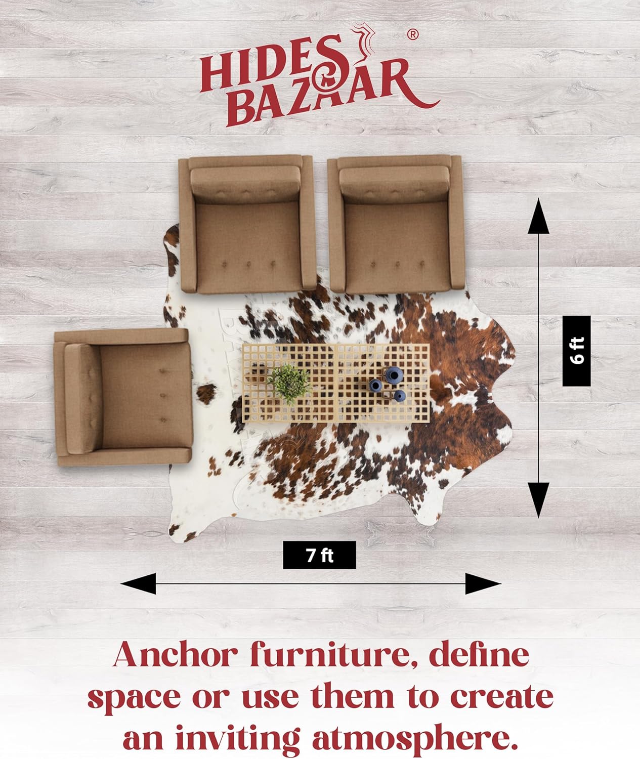 Light Tricolor Cowhide Rug Premium Cowhides Leather with Mixed White, Brown & Black Color Pattern - Natural Cowhide Rug for Office & Home Decor - Cow Hide Rugs 6x6-7 ft