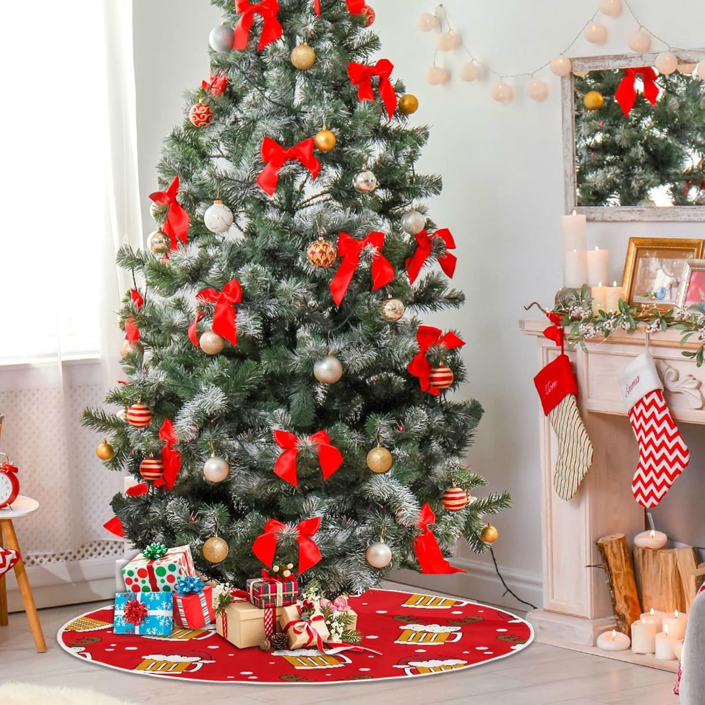 Christmas Funny Beer Tree Skirt, Seasonal Tree Mat Holiday Party Supplies Ornaments Indoor Outdoor Decorations for Tabletop Trees 35.4 Inches