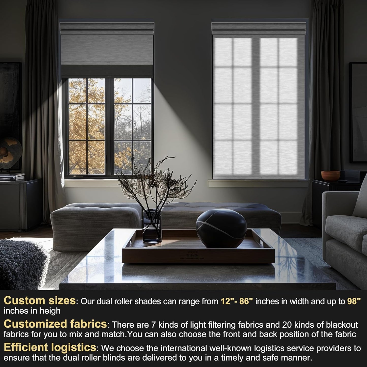BERISSA Cordless Dual Roller Shades with Cassette Valance, Double Window Shades - Blackout and Light Filtering, Day and Night for Home Office Door. Grey and White. 48 W x 64" H