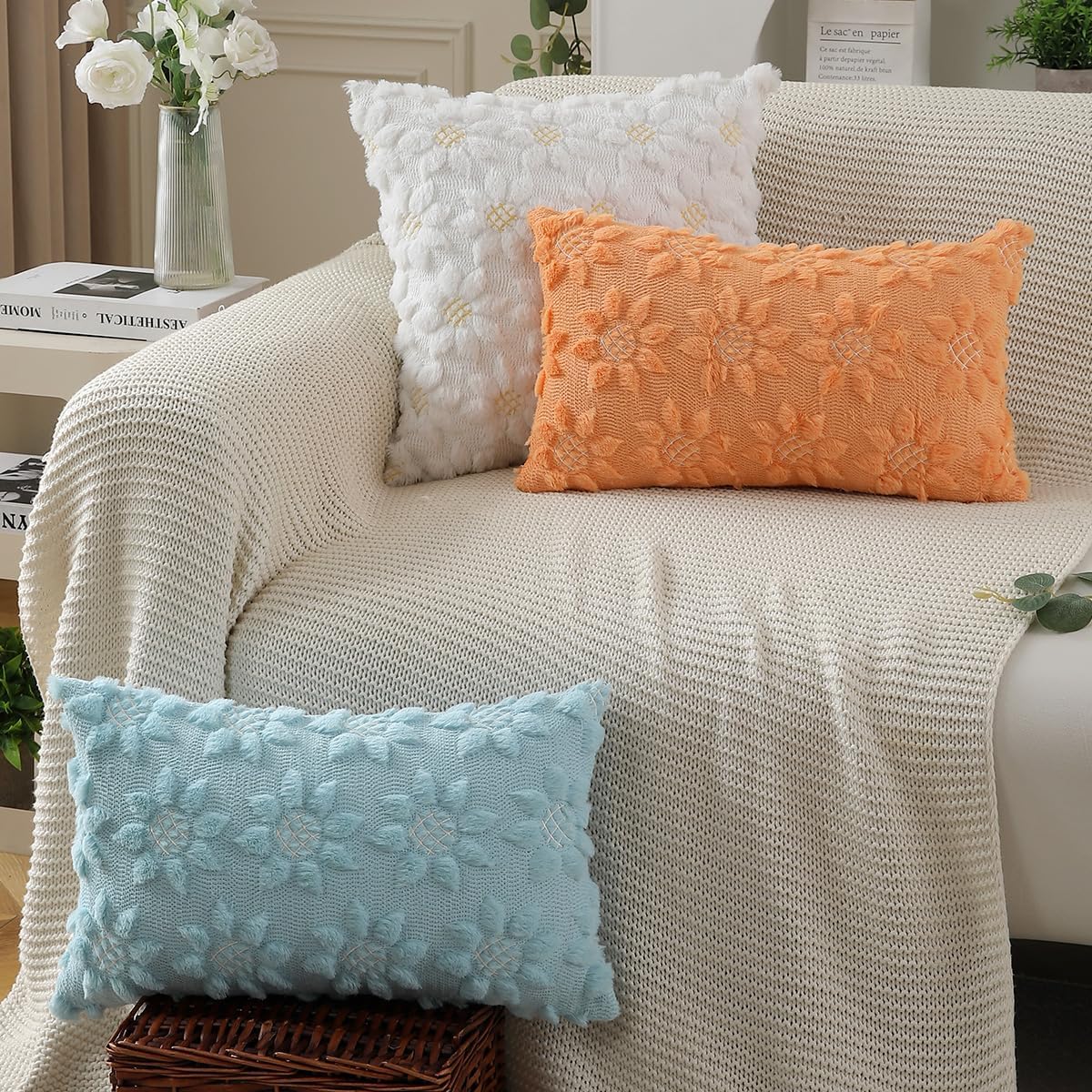 DFXSZ Spring Summer Pillow Covers 12x20 inch Set of 2 Farmhouse Decor White Flower Heart Sunflower Blue Soft Plush Faux Fur Jacquard Throw Pillows for Sofa Holiday Spring Home Decor PTK024G12