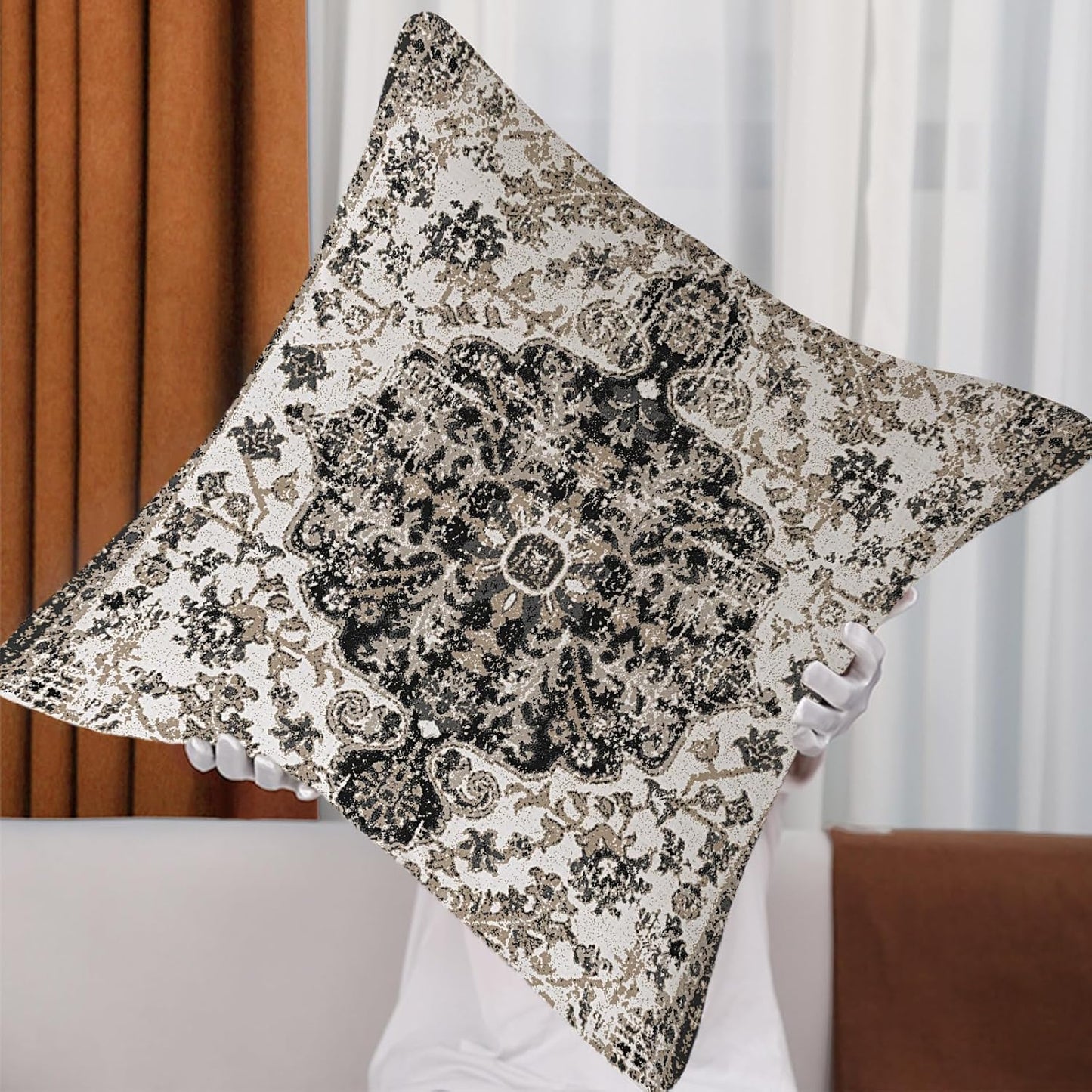 Outdoor Waterproof Pillow Covers - 18x18 Inch Set of 2 Bohemian Vintage Carpet Pattern Pillow Covers in Black & Grey Ethnic Design for Decorative Farmhouse, Couch, Garden, Balcony