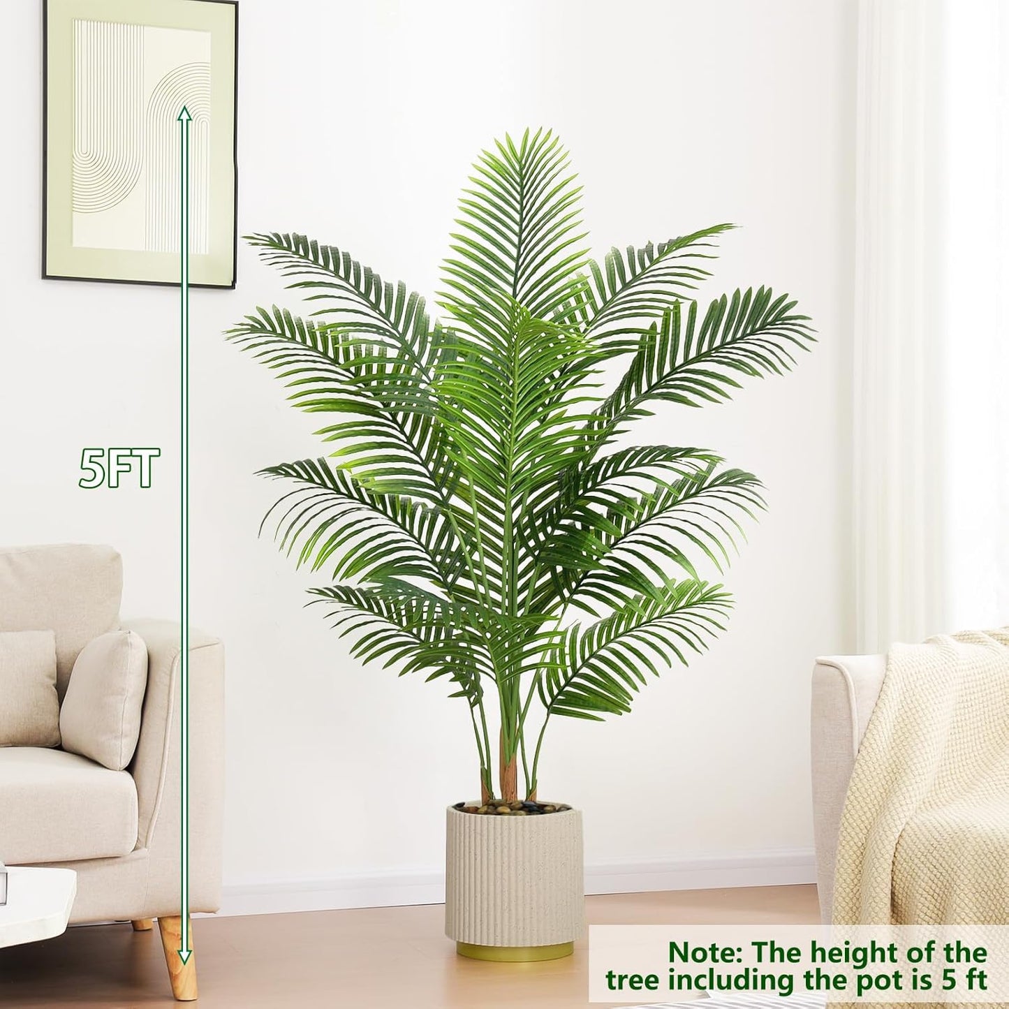 Artificial Palm Tree Indoor Plant 5FT Tall Fake Tropical Palm Tree in Pot, Real Bark Design Faux Areca Palm Tree for Home Office Living Room Bedroom Farmhouse Modern Outdoor Topiary Tree (13 Trunks)