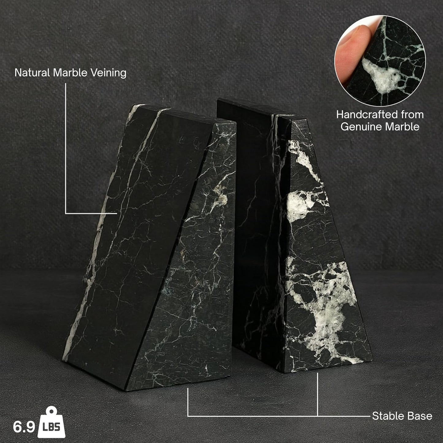 Bey-Berk Black Zebra Marble Bookends, Black ? 7.25" Tall, White Veins, Heavy-Duty Triangular Stone Book Stopper