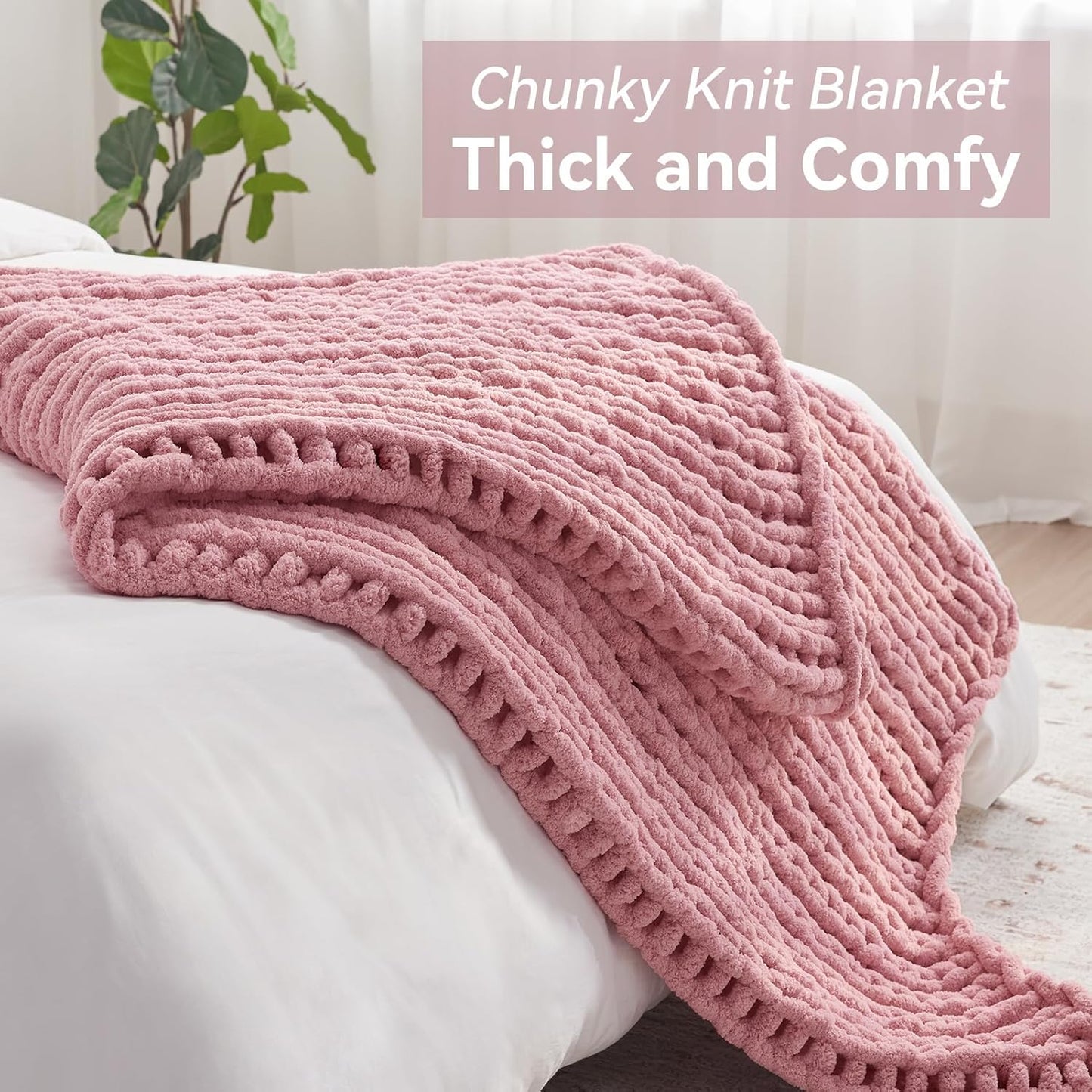 Chunky Knit Throw Blanket, 50''*60'' Knitted Throw Chenille Yarn for Bed Couch, Handmade Light Pink Crochet Big Thick Blanket, Machine Washable Cute Comfy Blanket for Home Decor