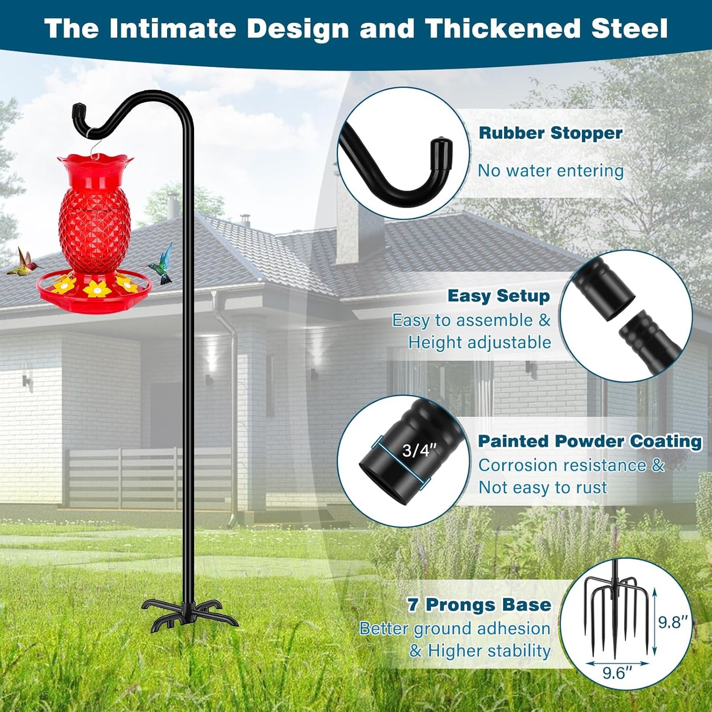 Gtongoko 92 Inch 2 Pack Bird Feeder Poles for Outdoors Heavy Duty, Shepherds Hooks for Outdoor, Hummingbird Feeder Stand, Adjustable Hanger for Plant, Lights, Lanterns Wedding Decor with 7 Prongs Base