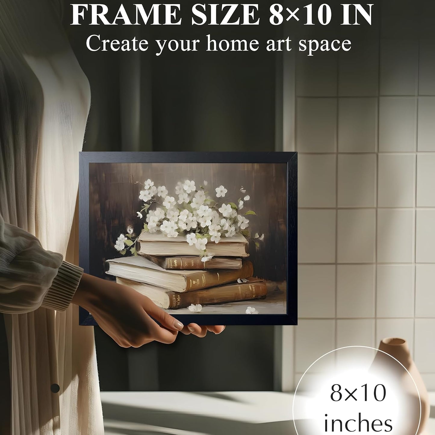 Wood Framed Canvas Poster Print Wall Art, Vintage Floral Book Wall Decor Oil Painting, Dark Academia Room Aesthetics Picture for Bathroom Classroom Dormitory room Decor 8x10 inch