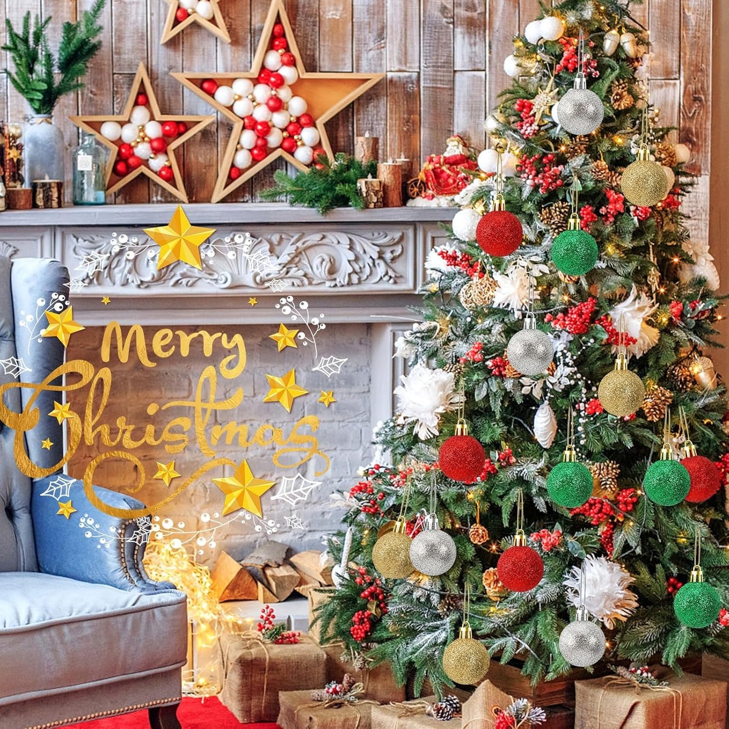 JULMELON 24PCS Christmas Ball Ornaments, Hanging Balls Shatterproof Decorations for Xmas Tree, Home Decor for Party, Holiday, Wedding, Anniversary, DIY Craft Decor Supplies (Glitter Surface)