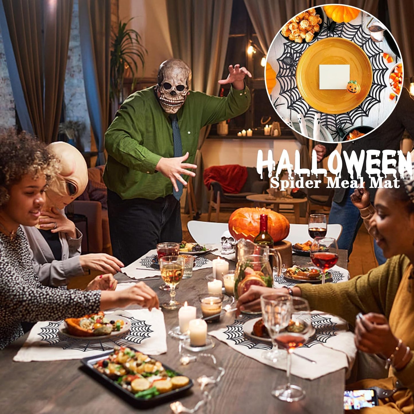 Sfcddtlg 6 Pcs Halloween Spider Web Placemats, 15" Heat Insulation Halloween Placemats Spider Web Table Mats, Hollow Out Spiderweb Coasters Placemat for Dining Table Party Decoration