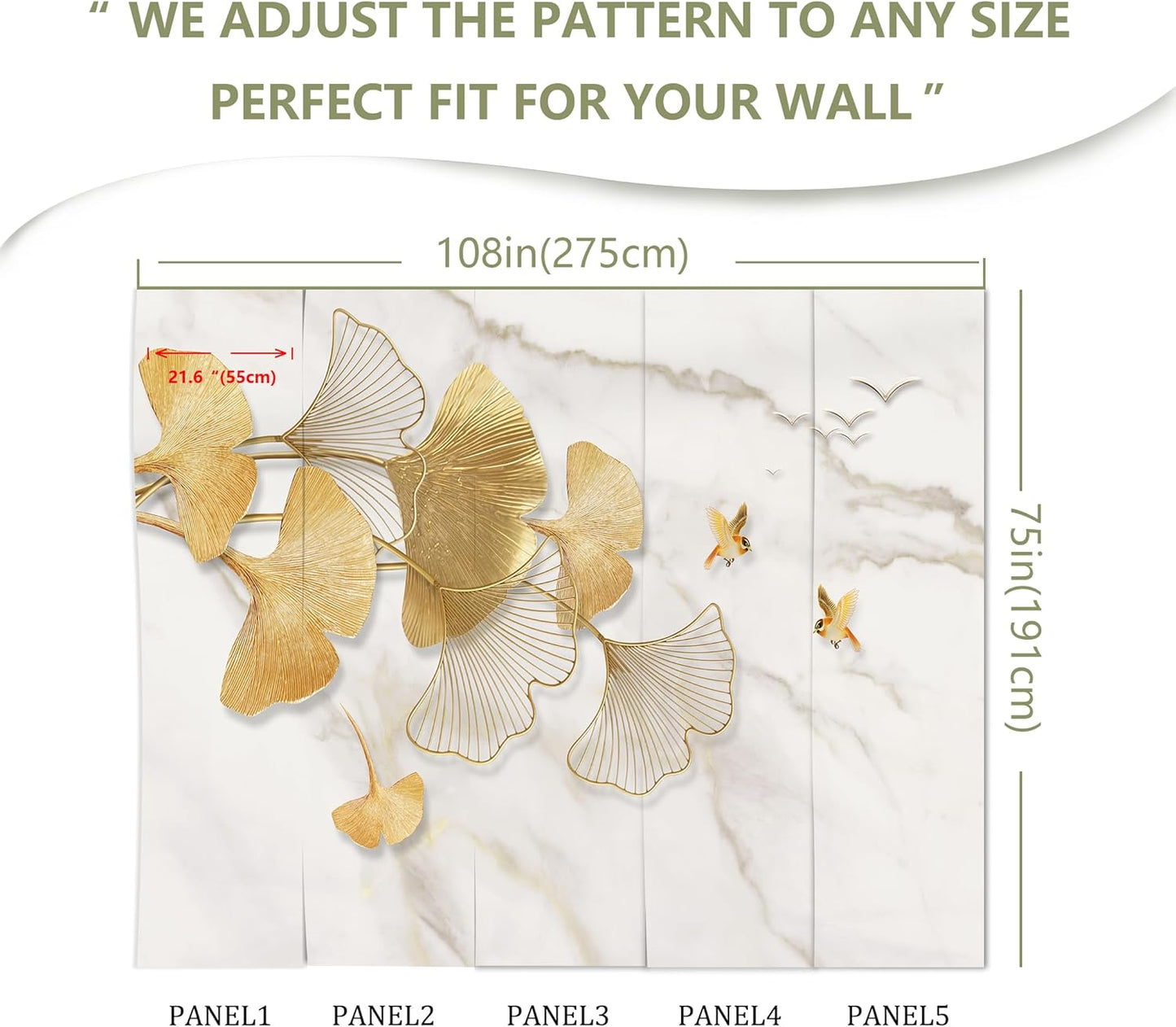 Golden Ginkgo Leaves Wall Mural Fake Marble Wallpaper for Bedroom Living Room (Not Peel n' Stick)