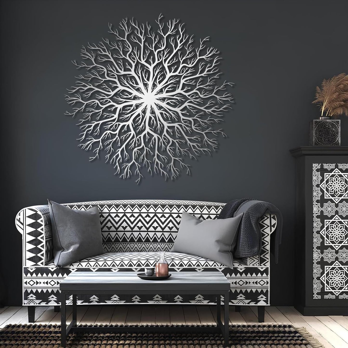 Tree of Life Metal Wall Art, Metal Tree Wall Art, Large Round Sculpture, Round Branch Wall Decor, Large Branch Artwork, Nature Sign, Wall Decor for Living Room, Housewarming Gift (Silver, 35"x35"|90x90cm)