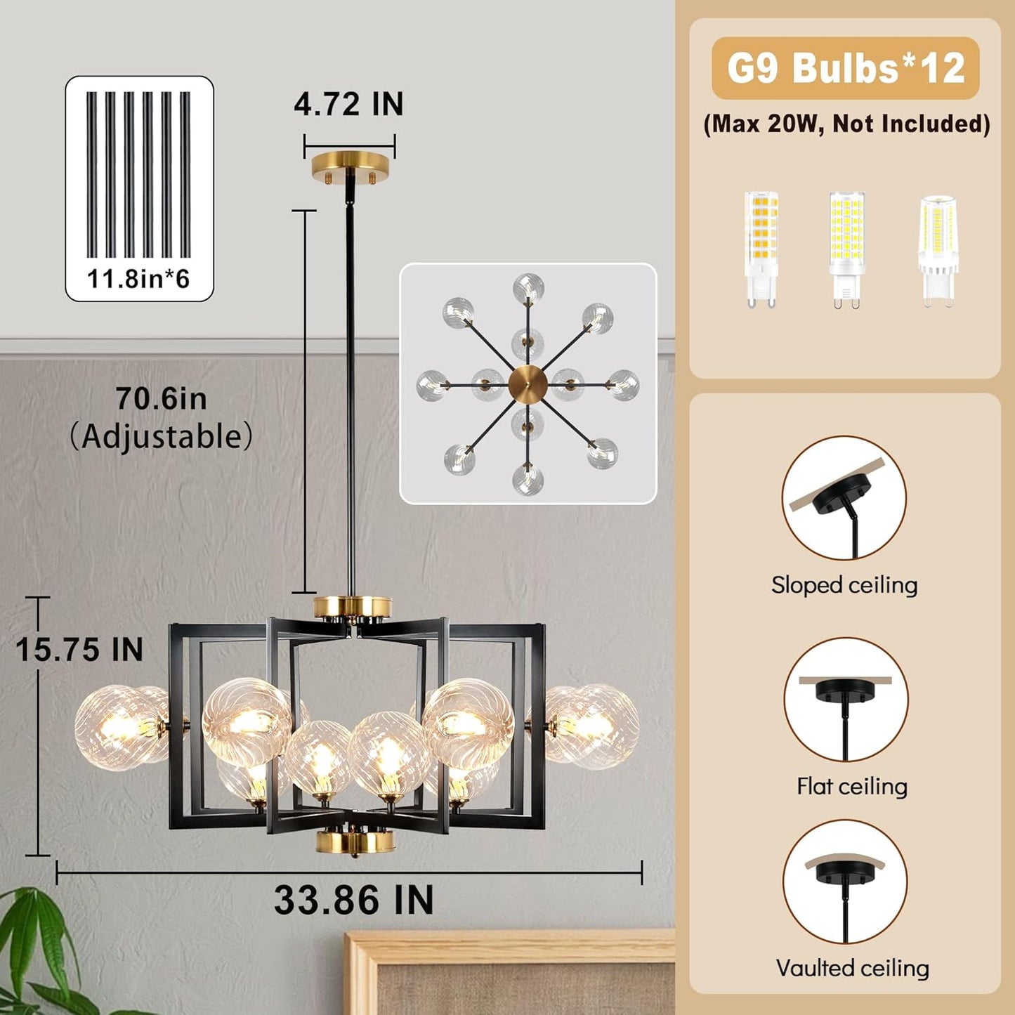 12 Light Black Farmhouse Chandelier Geometric Metal Dining Room Light Fixture Height Adjustable Black Chandeliers for Dining Room Clear Glass Farmhouse Industrial Pendant Lights for Bedroom, Entryway