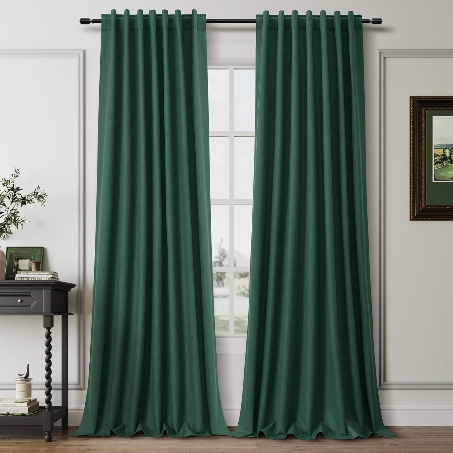 BOODII 108 Inch Black Out Curtains 2 Panels Set Back Tab Thermal Insulated Green Linen Textured Blackout Curtains Noise Reducing for Farmhouse Living Room Darkening Window Drapes 52x108