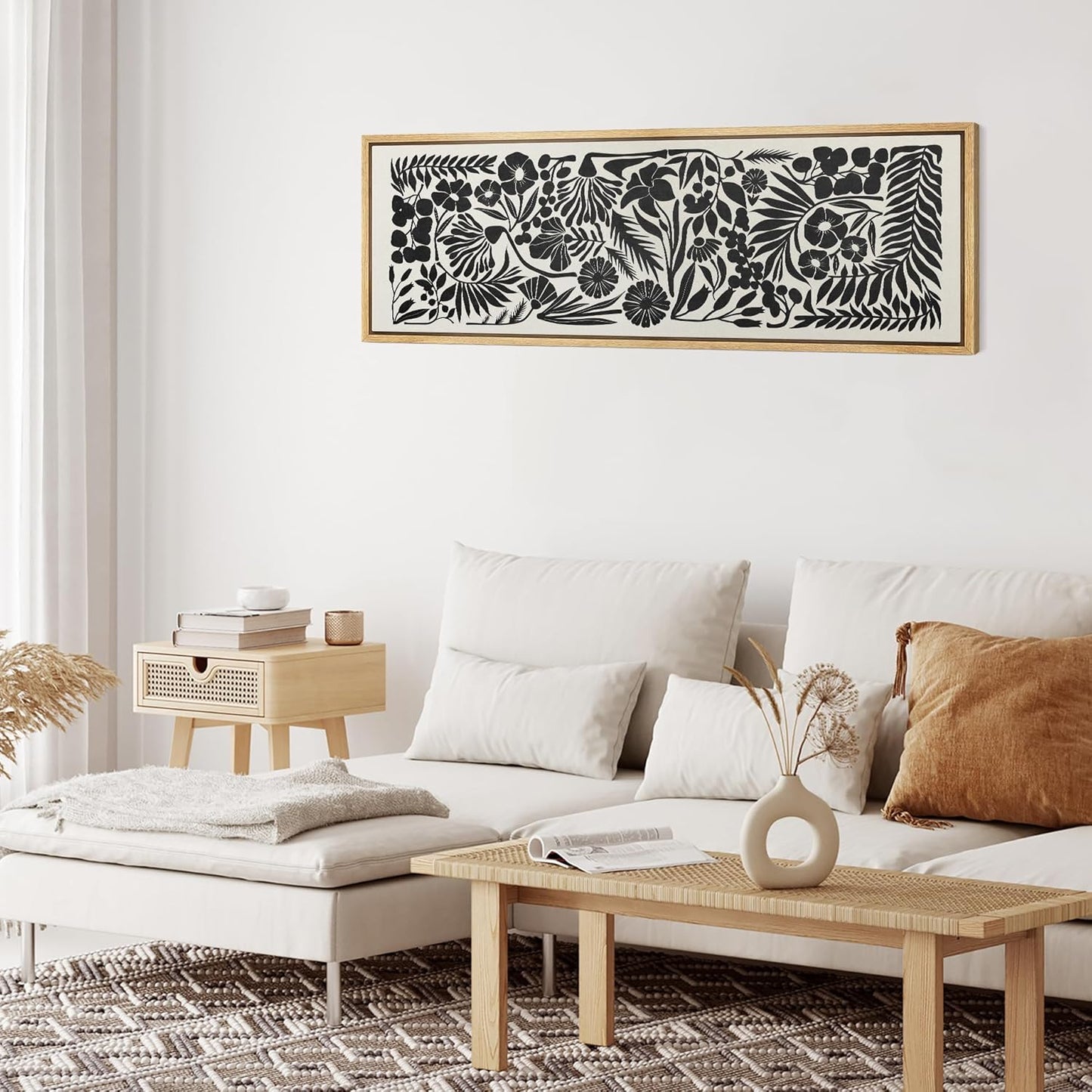 MUDECOR Large Framed Canvas Print Wall Art Monochrome Botanicals Black and White Floral Illustrations Antique Retro Fine Art Illustrations Decorative Colorful for Bedroom - 60"x20"