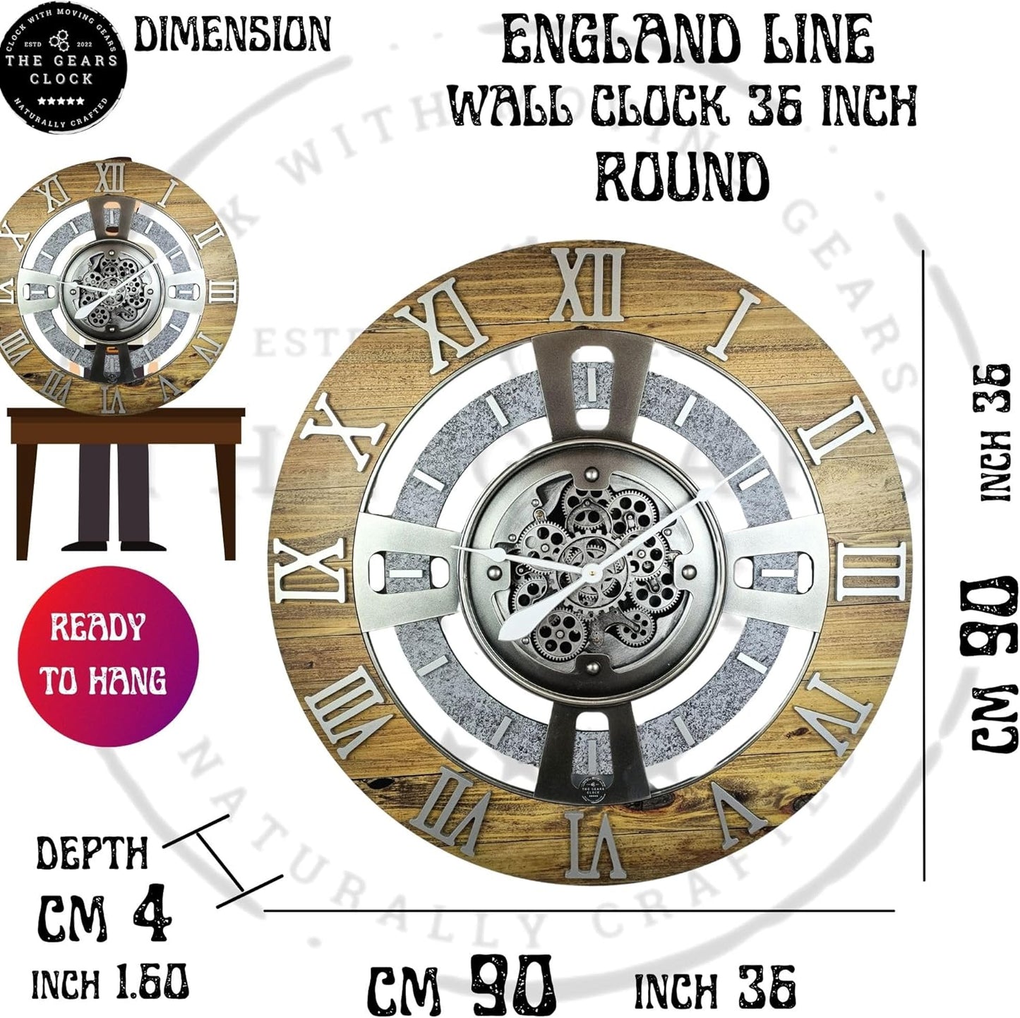 The Gears Clock Real Moving Gear Wall Clock England Line (Gold Antique, 36 inches (90 cm))