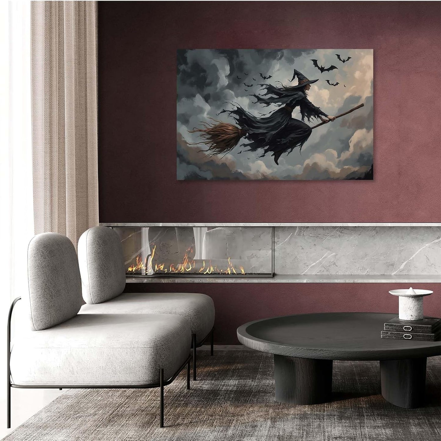 JFHCQJPK Witch and bat flying Halloween poster suitable for home party wall decoration retro Halloween preppy style wall art canvas print suitable for room decoration28x40in Frameless
