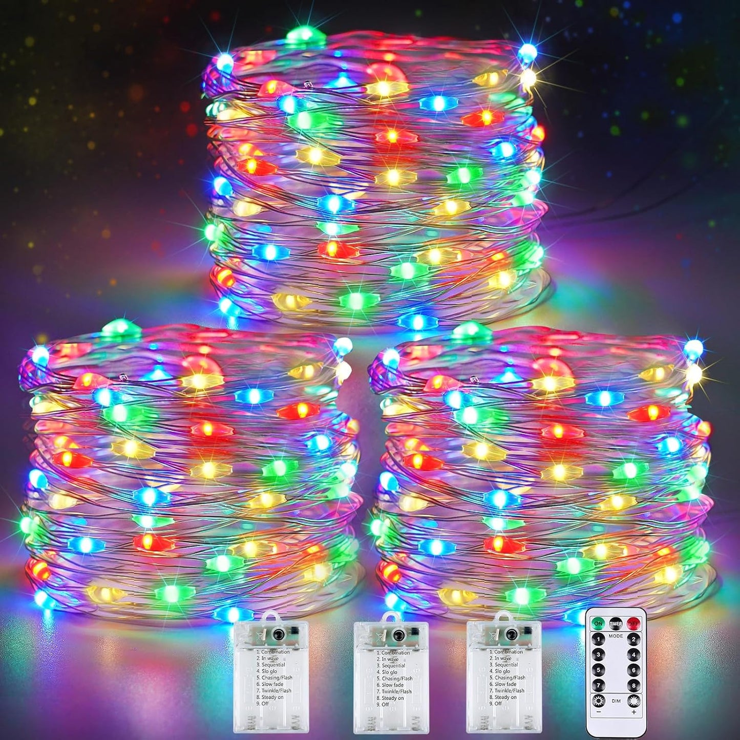 3 Pack Fairy Lights Battery Operated with Remote Control Timer, 26 FT 80 LED String Lights Outdoor Indoor, 8 Mode Twinkle Lights for Christmas Party Wedding Birthday Bedroom Decoration (Multicolor)