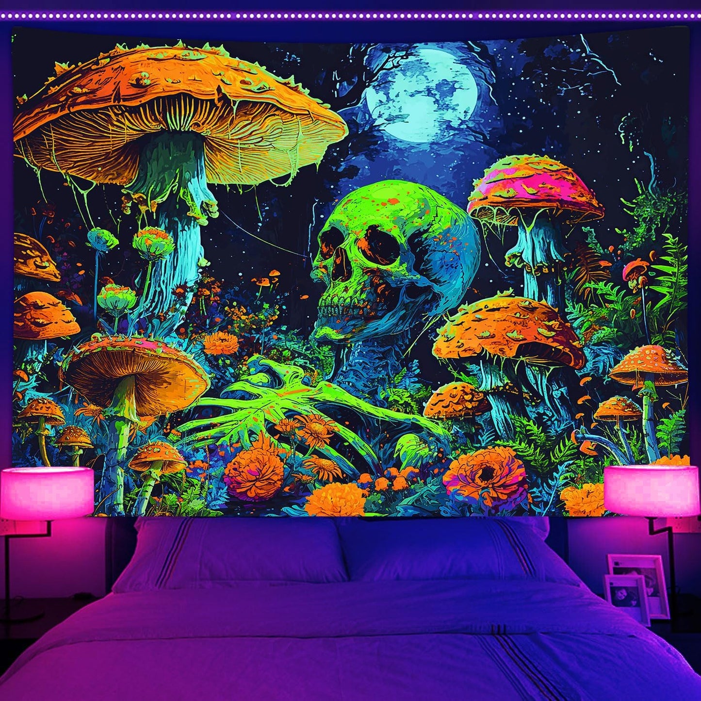 Xiaoput Blacklight Skull, Black Light Skeleton, UV Reactive Neon Gothic Tapestry for Bedroom, Glow in Dark Trippy Forest Wall Hanging, 40X30IN