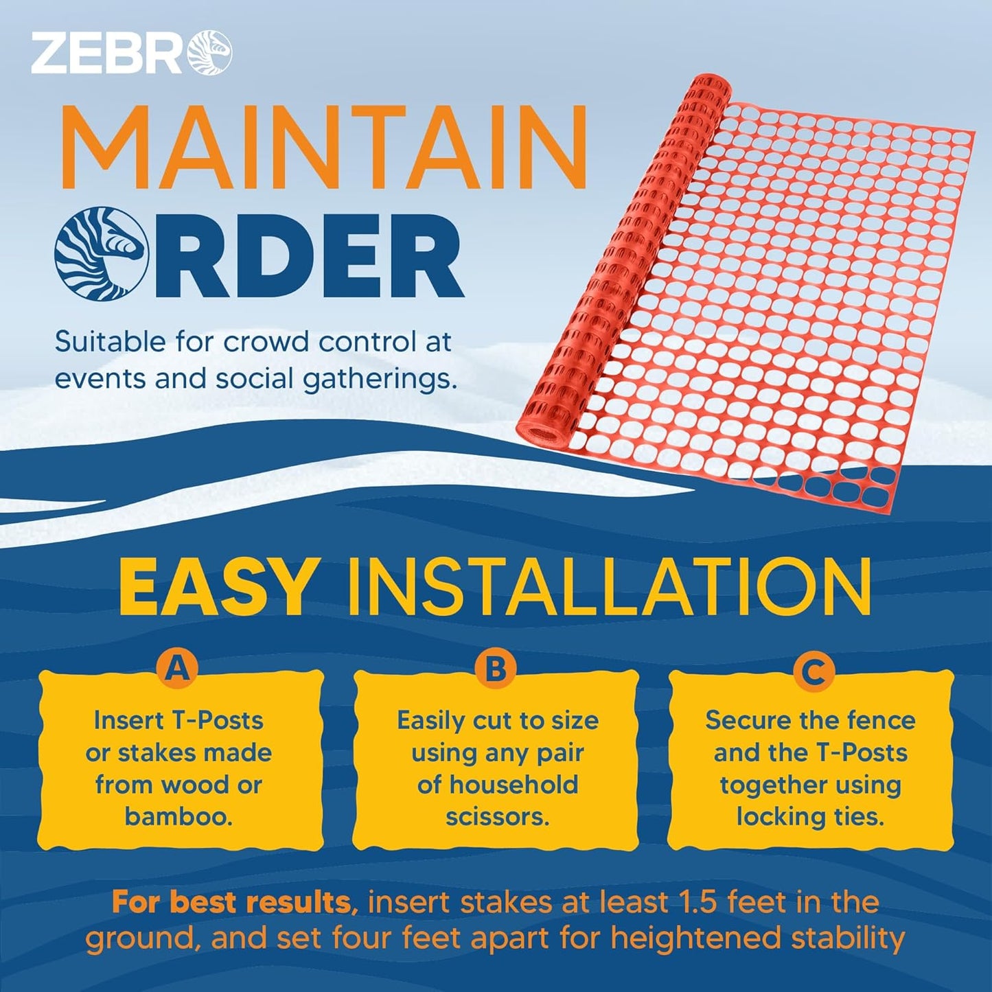 ZEBRO 4' x 100' Orange Plastic Garden Fence Roll – Light Duty Mesh Fencing for Temporary Fence, Snow, Garden Netting, Animal Barrier, Agricultural Fencing & Lawn Protection