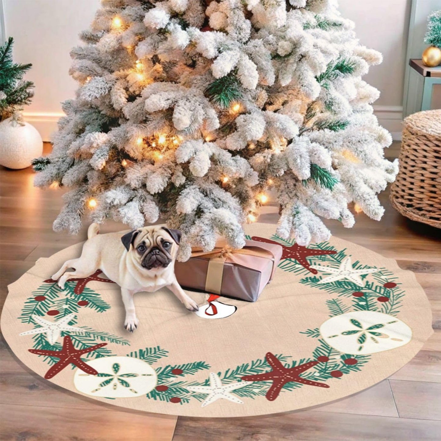 48" Large Christmas Tree Skirt, Coastal Rustic Beach Christmas Holiday Starfish Pattern Tree Mat Base Cover for Xmas Festive Holiday Party Decoration Ornaments
