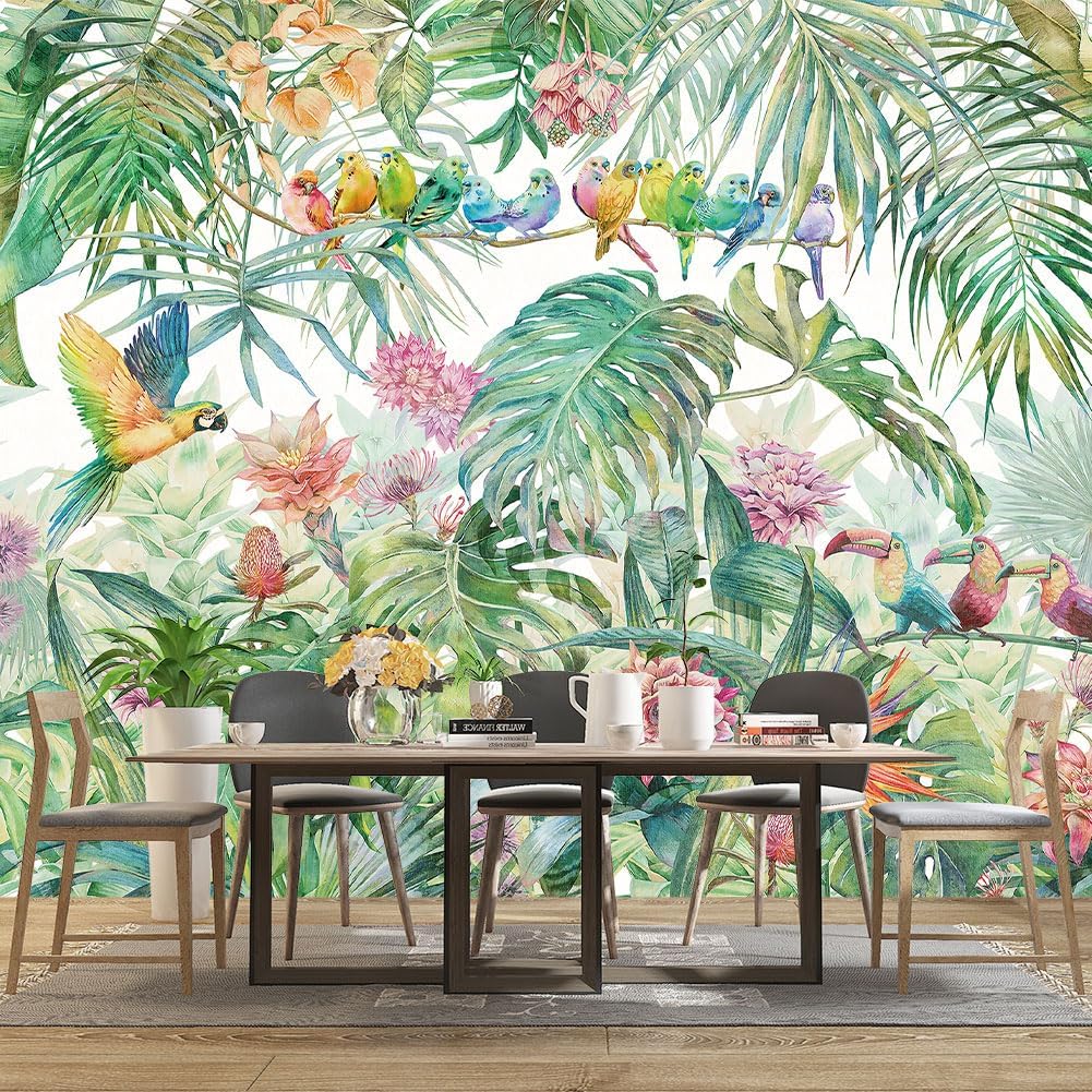 Tropical Green Botanical Flower Birds Leaf Wallpaper Bedroom Plant Floral Mural Room Decor Living Room tv Background Large Wall Mural - 91"x65" (Not Peel and Stick)