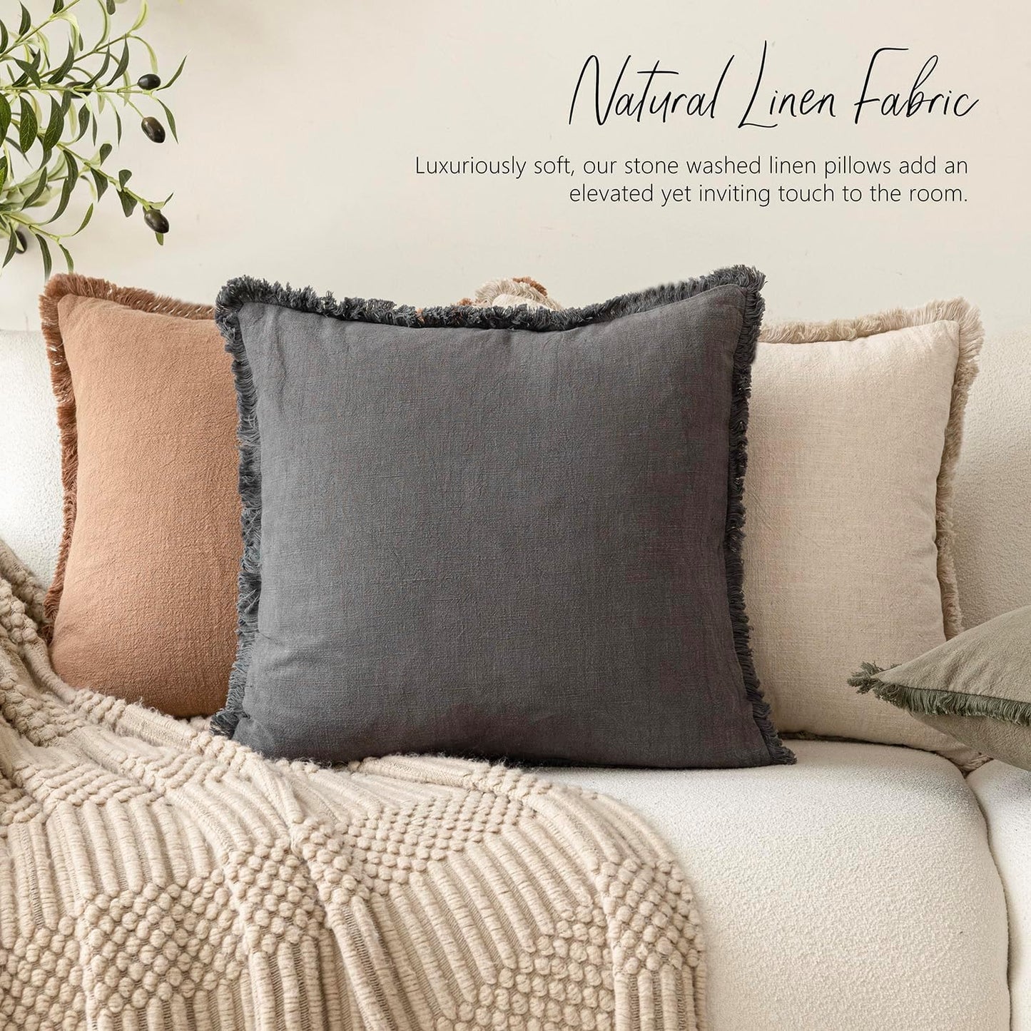 Foindtower Set of 2 Decorative Linen Fringe Throw Pillow Covers Cozy Boho Farmhouse Cushion Cover with Tassels Soft Accent Pillowcase for Couch Sofa Bed Living Room Home Decor, 16×16 Inch, Gray