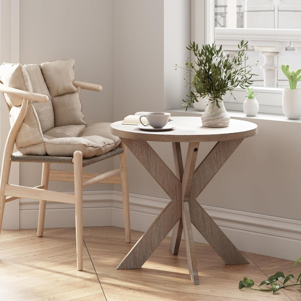 Farmhouse Cross Leg end Table, French Country Accent Side Table for Family, Dinning or Living Room, Small Spaces, Modern, Round, Vintage Grey Finish.