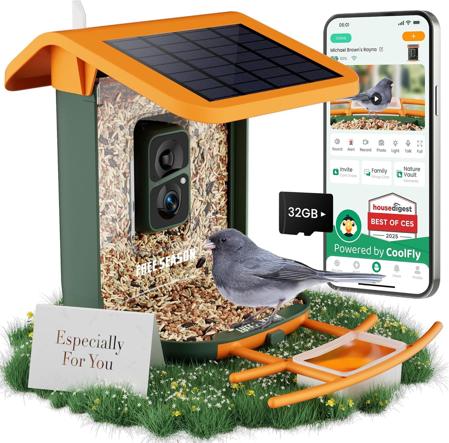 Smart Bird Feeder with Camera, Seamlessly Integrated Solar Panel Birdwatching Camera with SD Card, Lifetime Free AI Identify Bird Species&Auto Video Capture, House Warming Gifts with Greeting Card