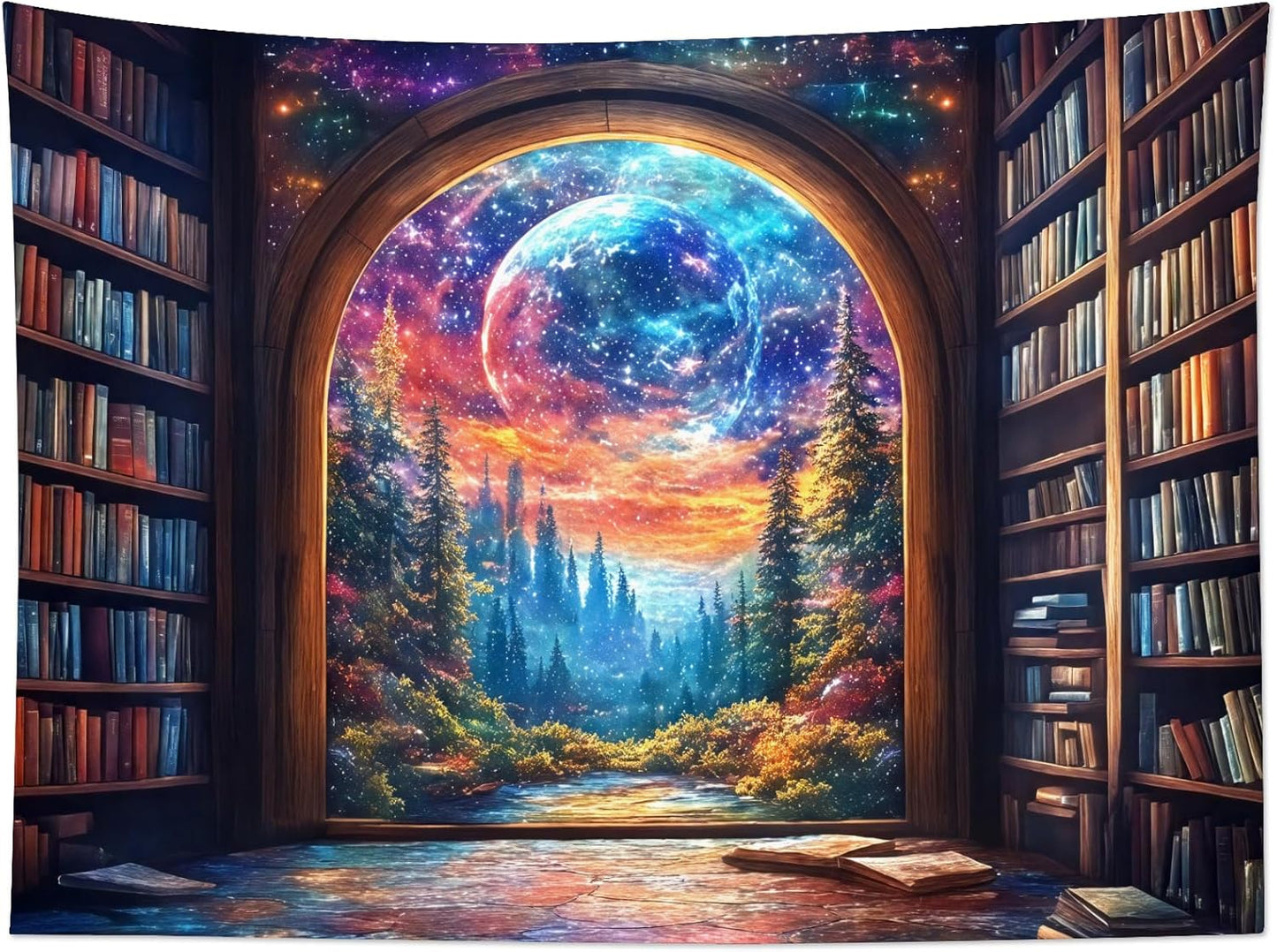 LB Fantasy Bookshelf Moon Tapestry, Trippy Tree and Vintage Library in Forest Wall Tapestry for Bedroom, Galaxy Cool Wall Art for Living Room Dorm Classroom Home Decor Ready to Hanging, 80 x 60 Inches
